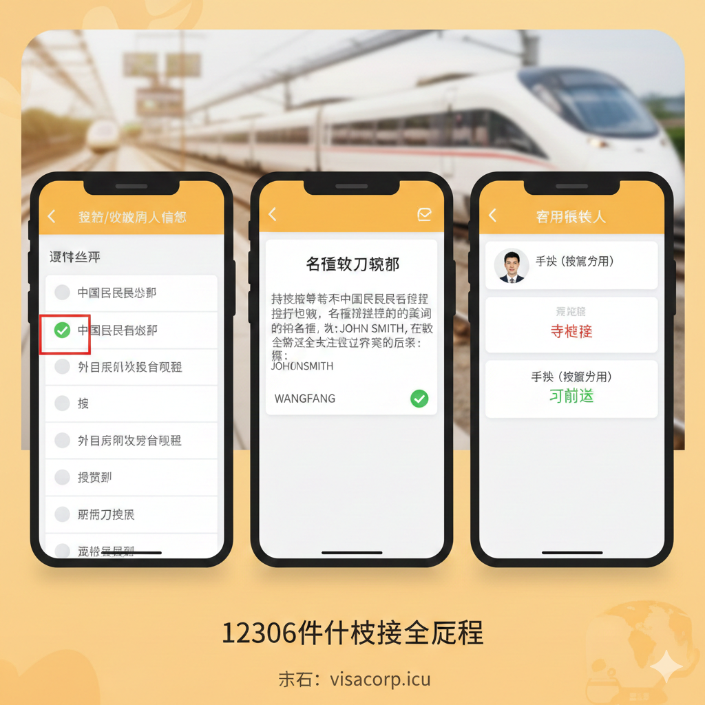 教程图，聚焦12306 App的护照购票与身份核验流程。图片中心是三个并列的手机屏幕截图（非真实截图，为示意图）：第一个展示注册时选择“护照”为证件类型；第二个展示“姓名输入规范”的界面，突出英文名去除空格的要求；第三个展示“待核验”和最终“已通过”状态的对比。下方配以小字“12306身份核验全流程”。整体采用暖色调，营造易懂、实用的指导氛围。