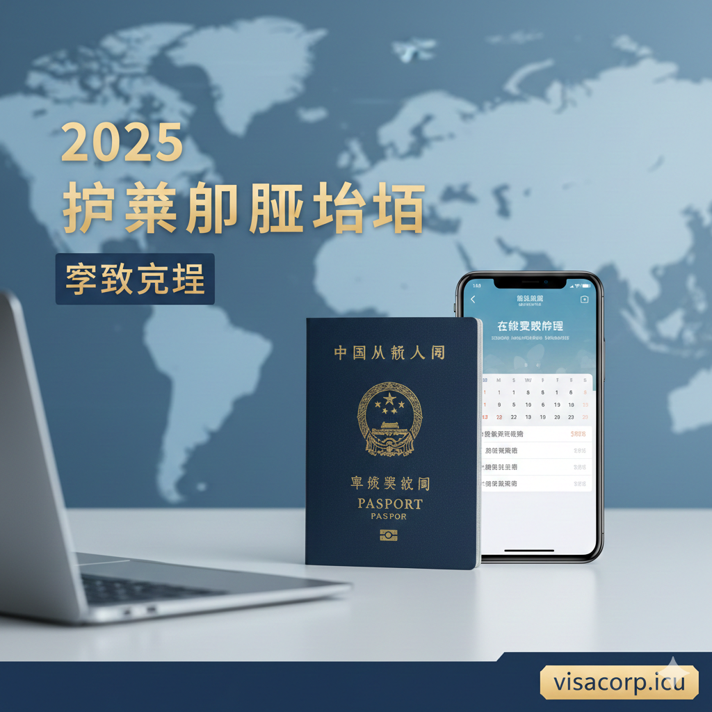 一张专业且具有权威感的文章封面图。画面中央展示一本高质感的中国护照，放置在现代简约的办公桌面上，旁边是一部显示着日历预约界面的智能手机。背景融入淡蓝色的全球地图虚化纹理，体现国际旅行的主题。画面上方或侧边巧妙融入'2025 Guide'和'Appointment'的视觉元素，整体色调采用深蓝与金色的官方配色，光线柔和明亮，营造出高效、正规的视觉氛围，吸引需要办理护照的用户点击。