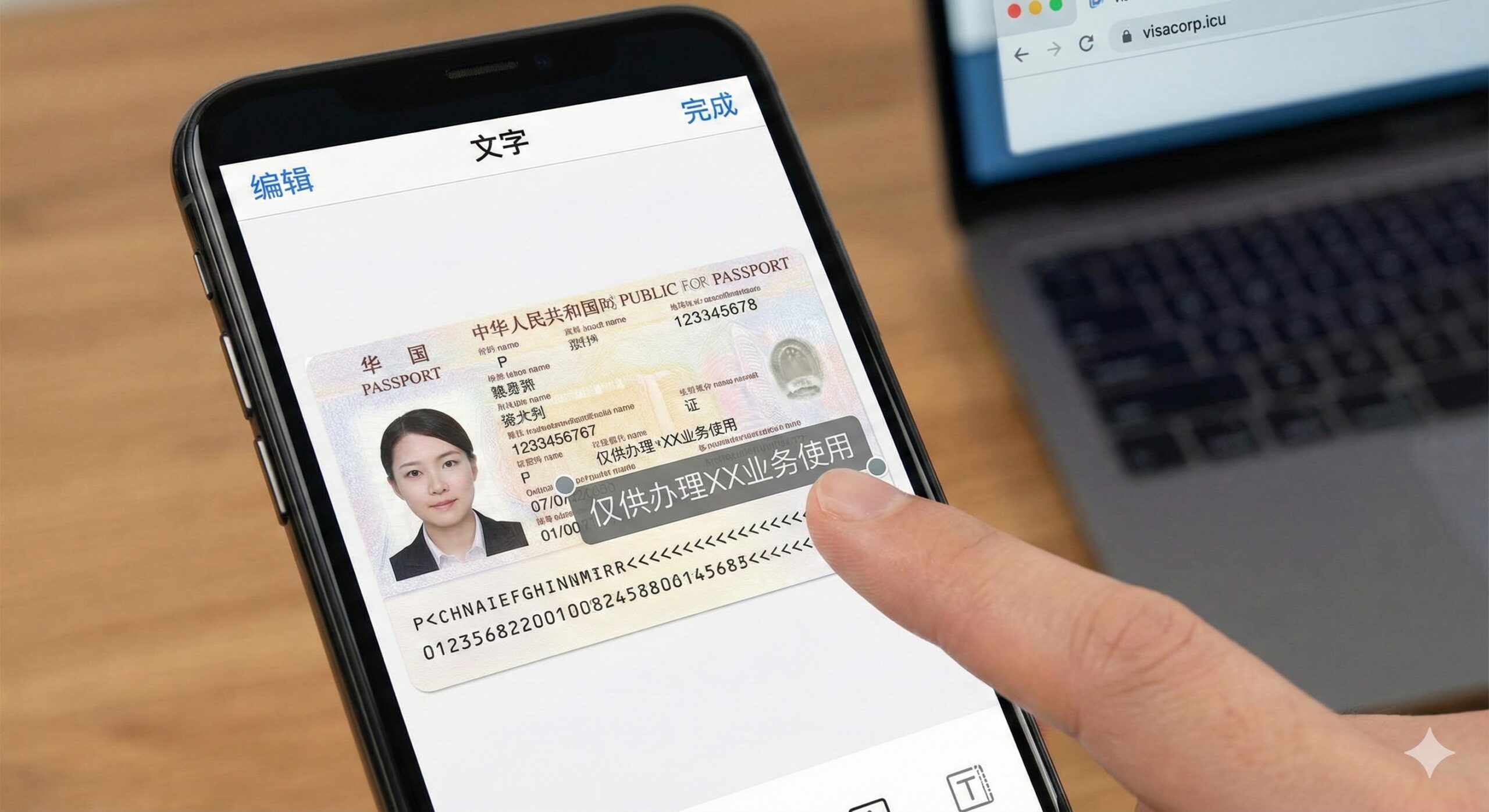 一张具有指导意义的操作示意图，特写展示在手机屏幕或电脑软件中编辑护照照片的场景。屏幕画面中，正在演示将'仅供办理XX业务使用'的半透明灰色水印文字拖拽到护照图片上，水印位置恰好覆盖部分证件号码但未遮挡人脸。画面重点突出水印的正确打法，风格简洁实用，作为防止信息被滥用的教程配图。
