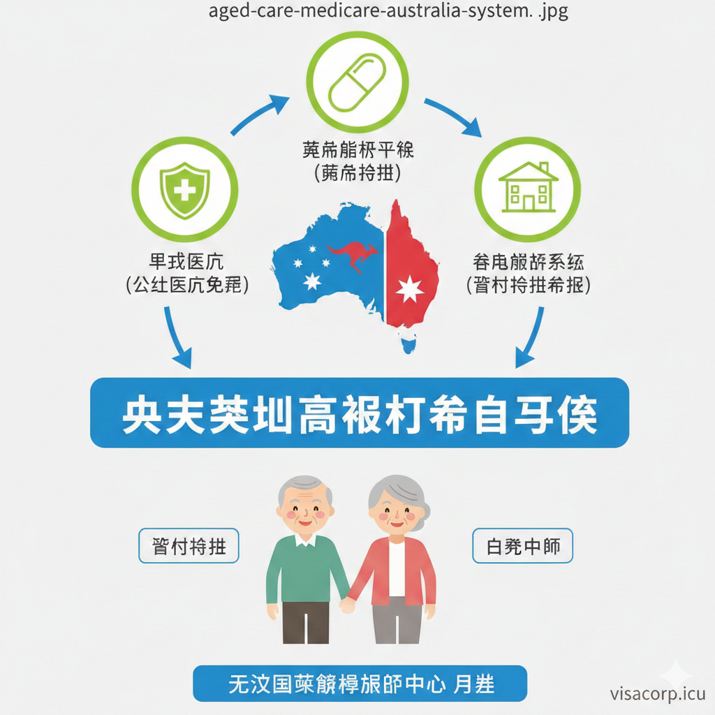 一张描绘澳大利亚高福利养老体系的教程/流程图。图片中心是澳大利亚的国旗或地图，周边环绕着几个关键的福利图标和文字，如“Medicare（公立医疗免费）”、“PBS（药品补贴）”和“Aged Care System（政府补贴养老）”。可以采用简洁的流程线或箭头将这些福利图标导向一个微笑的老年夫妇形象，象征无忧的养老生活。强调政府补贴和自费上限的概念，色彩明亮、积极。