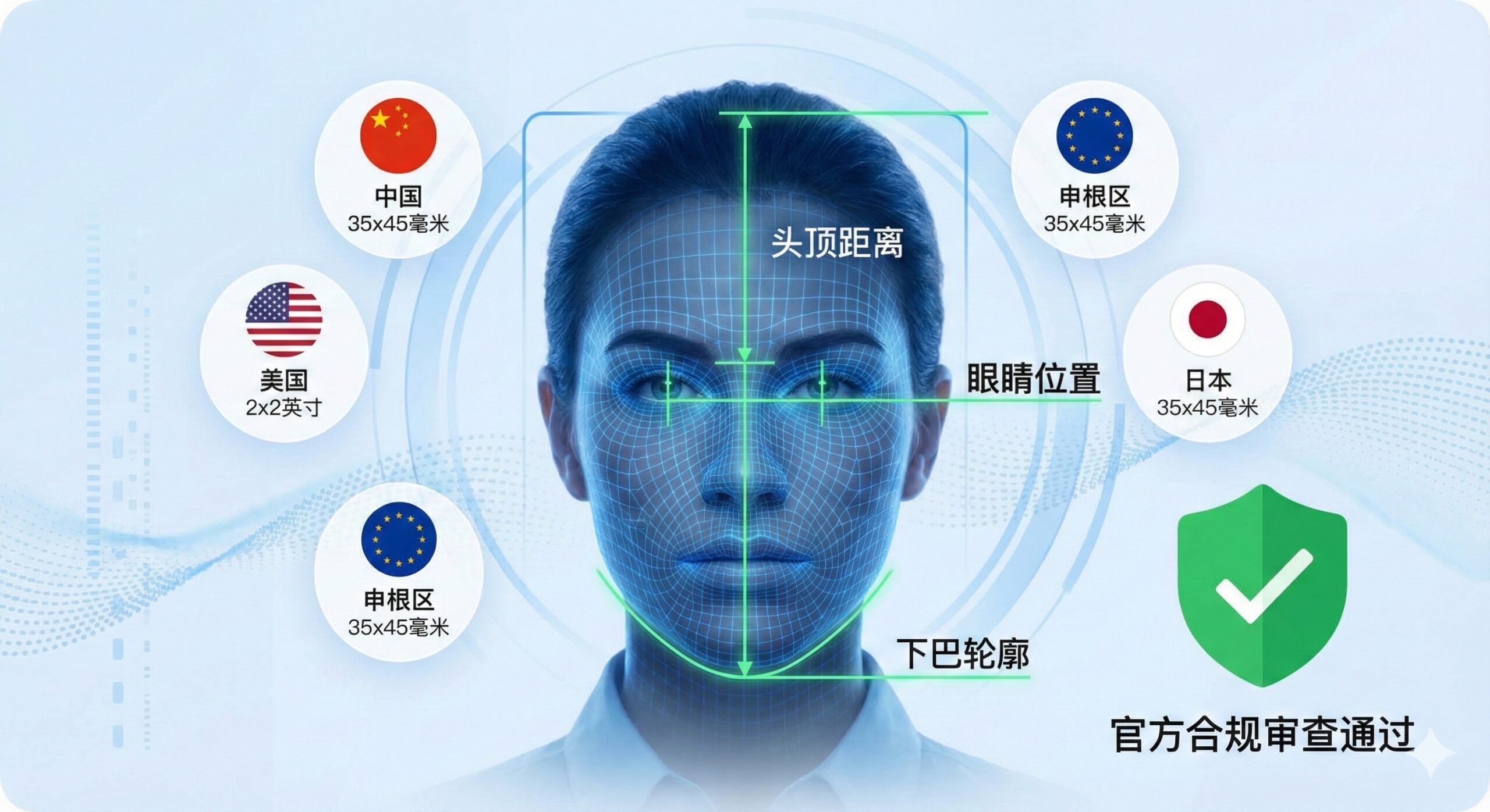 展示AI智能合规检测技术的科技感插图。画面中心是一个被数字网格扫描的人像头部,绿色的生物识别线正在测量眼睛位置、头顶距离和下巴轮廓。人像周围环绕着美国、中国、申根区、日本等国家的国旗图标和尺寸数据(如35x45mm, 2x2 inch),象征系统内置的全球规格数据库。背景使用淡蓝色科技渐变,右下角有一个明显的绿色对勾盾牌,代表照片通过了官方合规性审查。