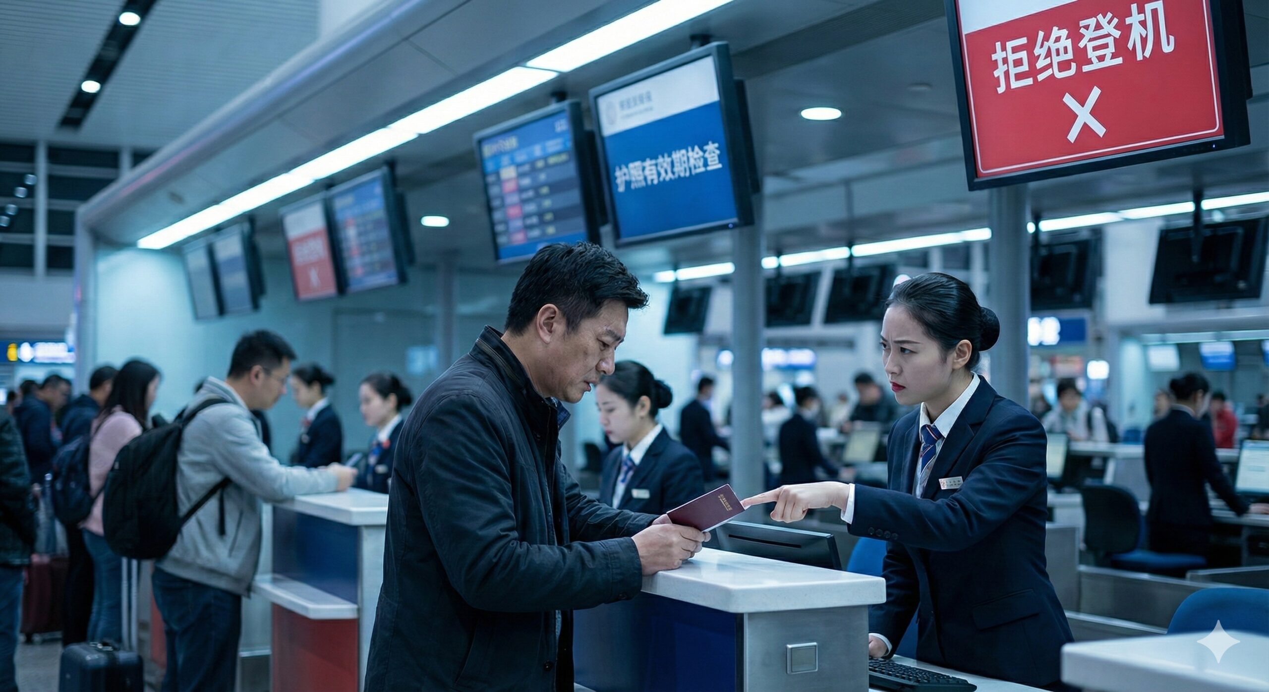 此图聚焦于航空公司拒载的风险警示。画面主体应是一个焦虑的旅客站在机场值机柜台前，其护照被一位穿着制服的航空工作人员用手指着，面露难色。背景是值机柜台的繁忙景象，但视觉焦点必须集中在旅客和柜台人员之间的紧张互动。在画面醒目的位置（如右上角），应有一个红色的、带有'Denied Boarding'字样的警告标牌。此图旨在强调'航司拒载'是比CBP拒绝入境更常见的实际风险。色彩应偏向于机场大厅的冷色调，以增强紧张和严肃感。