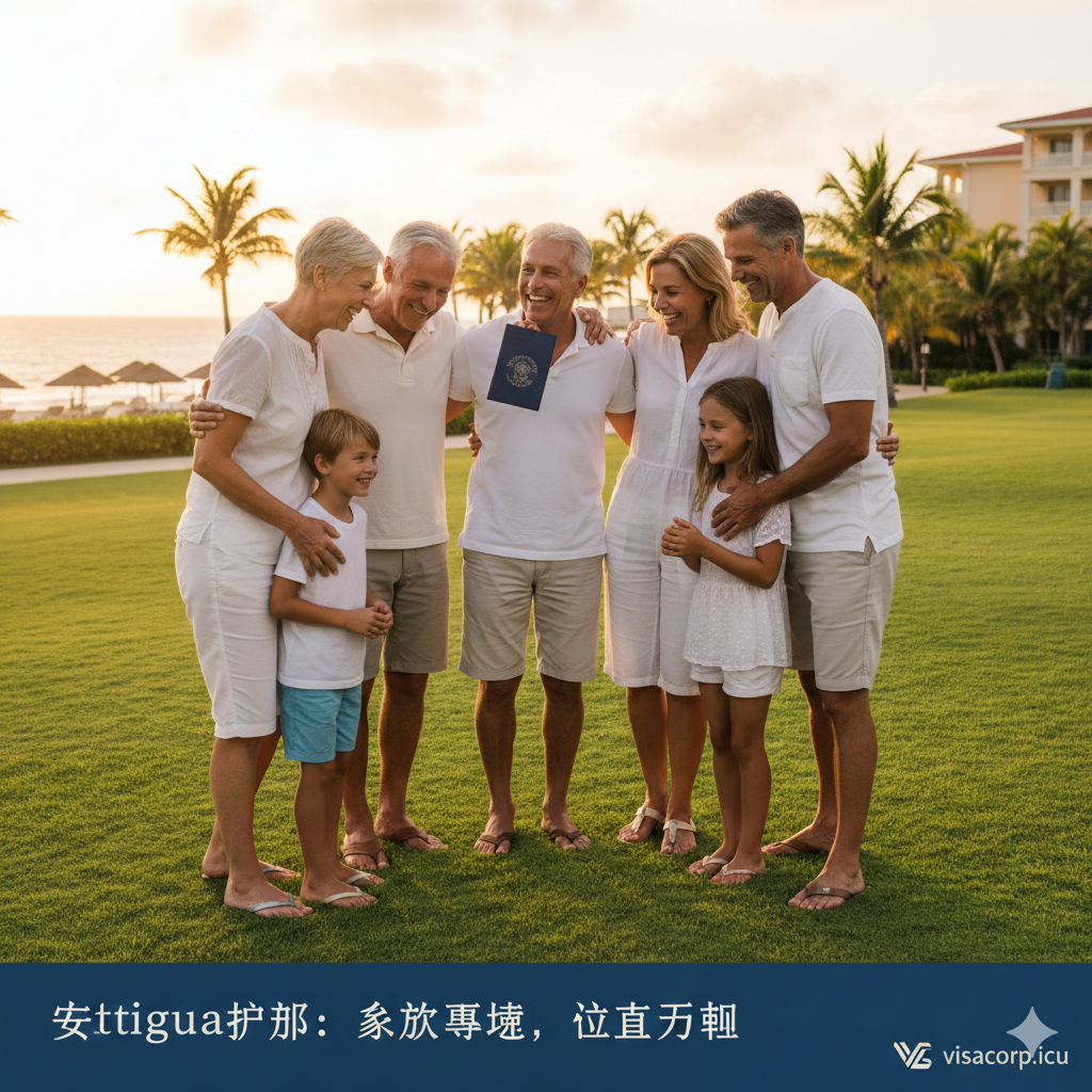 一张充满温情的总结性图片，展示一个三代同堂的高净值家庭在安提瓜海边度假村的草坪上欢聚的场景。祖父母、父母和孩子笑容灿烂，背景是夕阳下的海景。画面构图温馨和谐，光线温暖，强调该项目适合大家庭申请的核心卖点，激发用户对美好第二身份生活的向往。