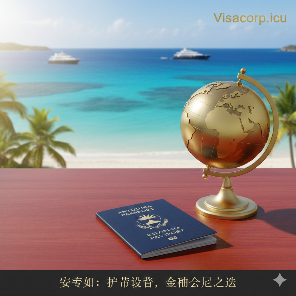 一张高端大气的封面图片，背景展示安提瓜碧蓝的加勒比海和洁白的沙滩，前景放置一本概念性的护照或地球仪摆件，置于精致的红木办公桌上。光线柔和明亮，营造出奢华、自由与全球公民的氛围，色彩以海蓝色和金色为主，体现高端商务与度假结合的视觉风格，适合作为移民服务的首屏封面。
