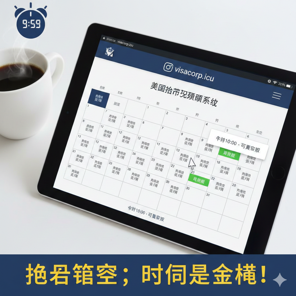 教程图应展示预约流程的实战场景。画面核心是一个带有预约界面（如日历、USPS或大使馆预约系统）的电脑或手机屏幕特写。日历上显示很多日期是“灰色”或“已满”，少数日期是醒目的“绿色”或“可预约”，暗示抢号的紧张性。旁边放置一个闹钟图标和一杯咖啡，象征需要在特定时间点刷新和抢号。整体色调明亮、聚焦，体现“抢号技巧”和“时间规划”的指导性。