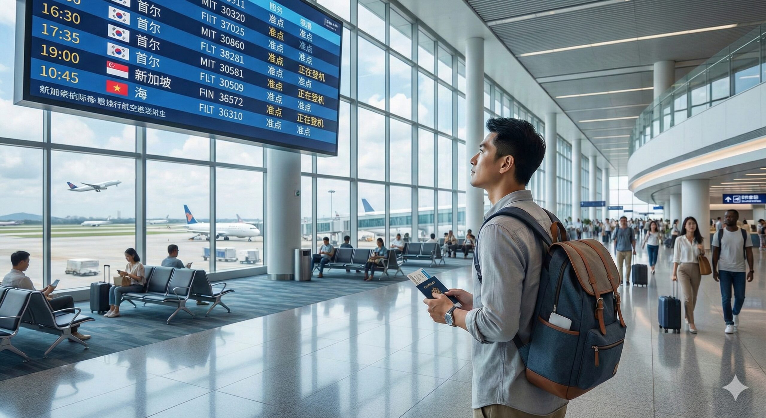 描绘亚洲繁忙国际机场候机大厅的实景图，体现'过境免签'的主题。前景是一位背着时尚双肩包的亚洲旅客，手中拿着护照和机票，正看着巨大的航班显示屏，屏幕上显示着'Seoul'（首尔）或'Singapore'（新加坡）的航班信息。背景是透过落地窗看到的飞机跑道和起飞的客机。画面充满动感与现代都市感，色调偏冷色系，传达出商务旅行和中转的高效与便捷。