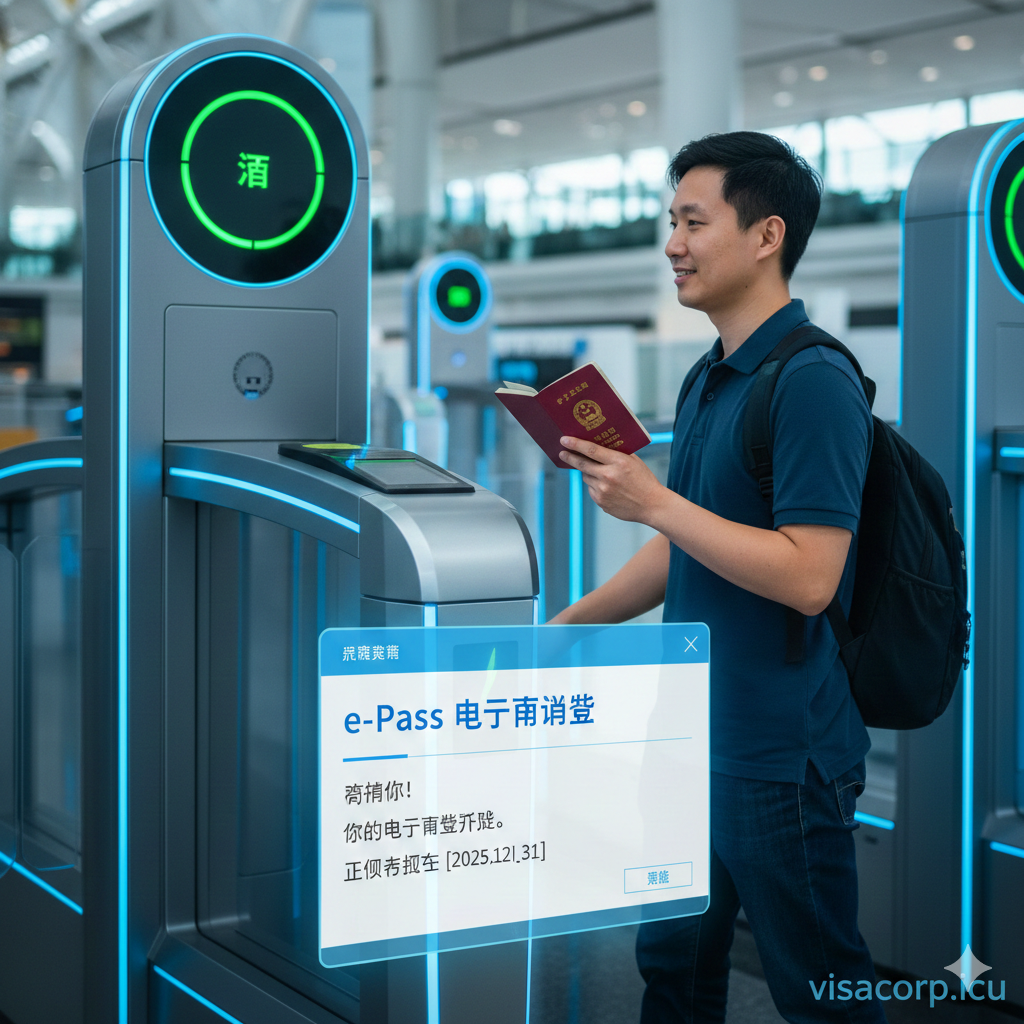 图片用于介绍新加坡自助通关（ACI）和e-Pass电子通行证的优势。画面主体是一个未来感的自动通关闸机（Automated Lane），一名旅客（手持中国护照）正顺利通过。闸机上方的屏幕显示着绿色的'Welcome'或'OK'标志。前景下方配有一个虚拟的电子邮件通知界面，突出显示'e-Pass'和'Allow to Stay Until [日期]'的字样。整体采用高科技的蓝光和银灰色调，强调通关的快捷、高效和无纸化体验。