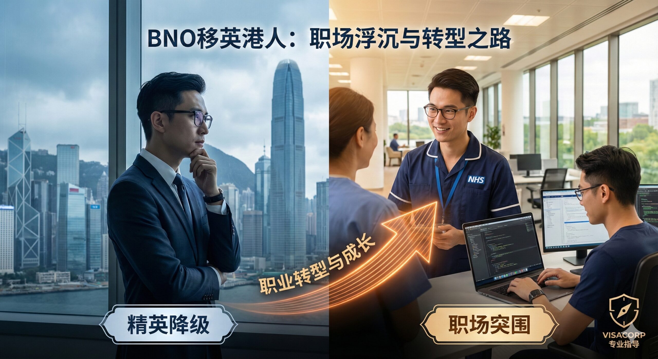 图片聚焦于“精英降级”与“职场突围”的就业主题。画面中心是一个被分成两半的对比场景:左侧是身着西装、神情专业的香港白领,背景是香港中环的金融大楼;右侧是同一人在英国穿着 NHS 护理服、或在科技公司进行代码操作的侧影,背景是英国现代化的办公环境或医院。色彩应使用冷暖对比,香港侧偏冷色调象征压力,英国侧偏暖色调象征转型。应有一个向上箭头代表职业转型与成长。强调Visacorp的专业指导作用,可以微小地在角落展示一个咨询图标。