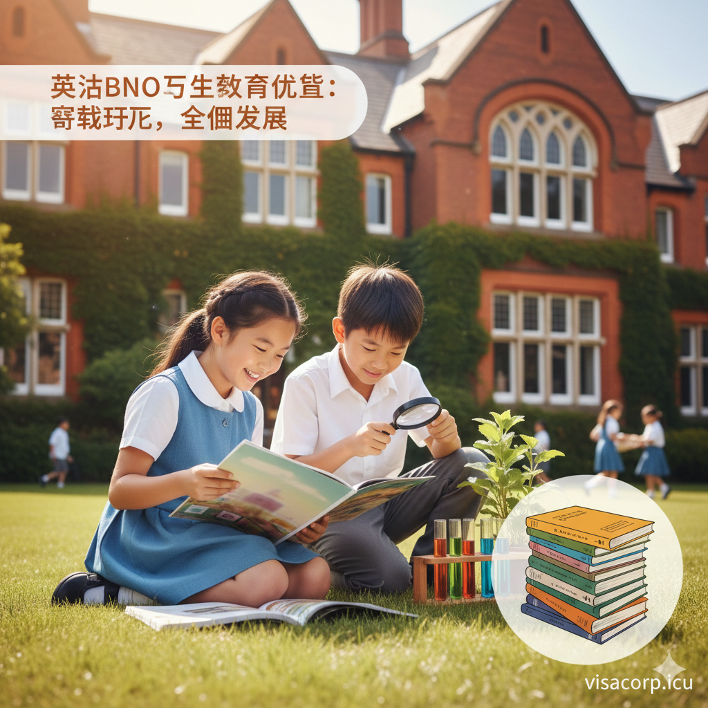 图片展现BNO移民的“子女教育”优势。画面主体是两名亚洲儿童在英国的公立学校草地上或教室里,脸上洋溢着开心的笑容,正在进行非应试的、富有创造性的活动(如阅读、绘画或科学实验)。背景是典型的英国学校建筑,明亮且充满阳光。色彩应是柔和、积极的暖色调,营造“快乐教育”和“无压力”的氛围。应对比香港教育的堆积如山的课本,来凸显英国教育的优势,但焦点必须在英国侧的积极体验上。