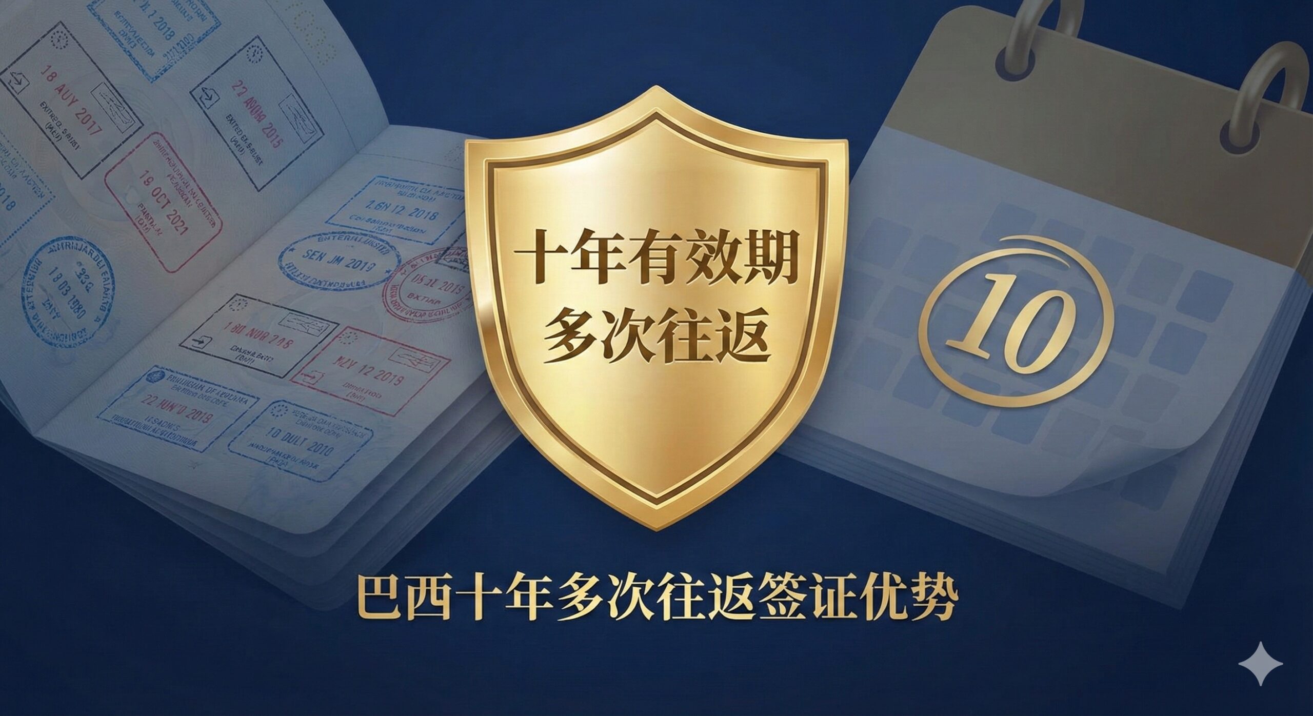 重点展示'巴西十年多次往返签证'优势的概念图。画面核心是一个金色的盾牌徽章，上面刻有'10 Years Validity'和'Multiple Entry'字样，象征高价值。背景是虚化的日历和多次盖章的护照内页，寓意长期便利和自由通行。色调以金色和深蓝色为主，体现高端、尊贵和高性价比的签证政策红利。