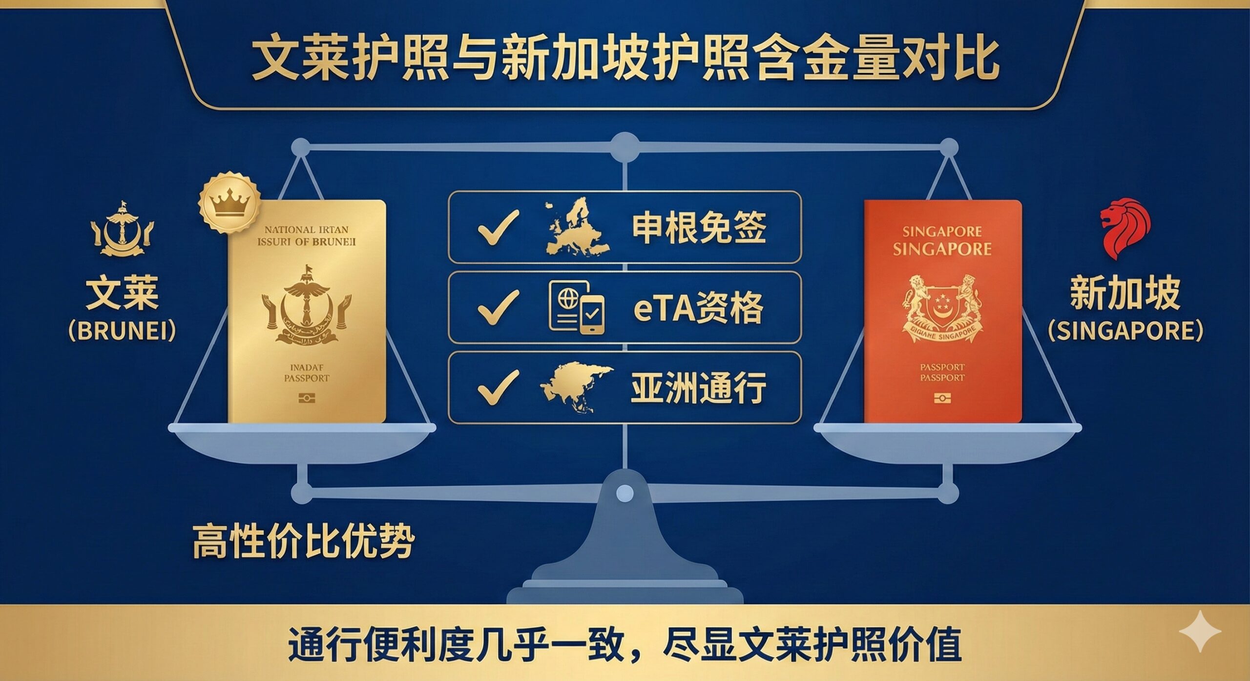 图片用于展示文莱护照的“含金量”对比。设计上采用并列对比的构图，画面左侧是文莱护照（使用略小的金色王冠图标或国旗色），右侧是新加坡护照（使用略大的红色狮子或国旗色）。两者之间用一个平衡的天平或比较图表来呈现。图表下方使用简洁的文字图标（如“申根免签”、“eTA资格”、“亚洲通行”）并用勾号标记，强调两者在通行便利度上的“几乎一致”。整体配色应是专业且有说服力的，例如使用深蓝背景衬托金色的文莱元素和红色的新加坡元素，重点突出文莱护照的“高性价比”优势。