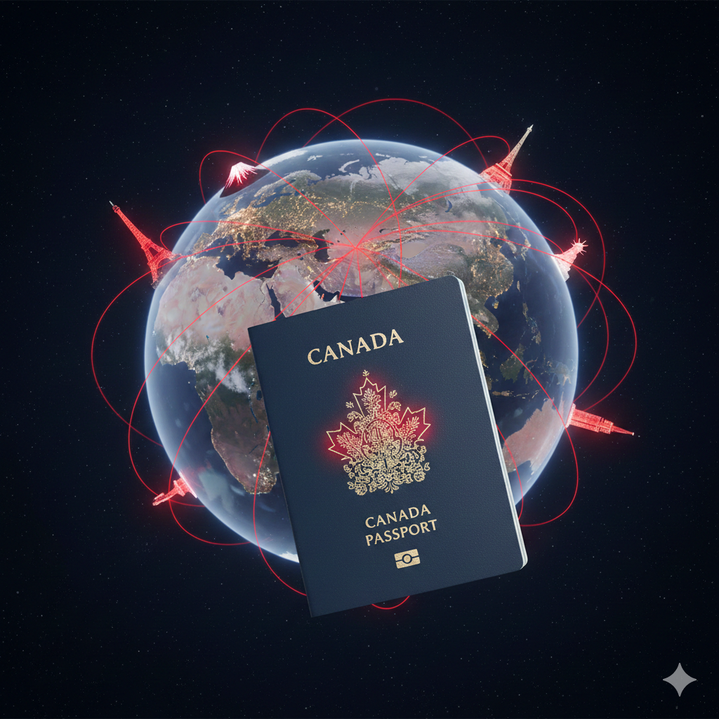一张创意合成图片，画面中央是加拿大护照，背景是一个发光的地球模型，红色的航线从加拿大连接至欧洲、亚洲和美洲的主要地标。色彩设计采用加拿大国旗的红白主色调，视觉上强烈传达出“全球免签便利”和“高含金量旅行证件”的持有者优势。