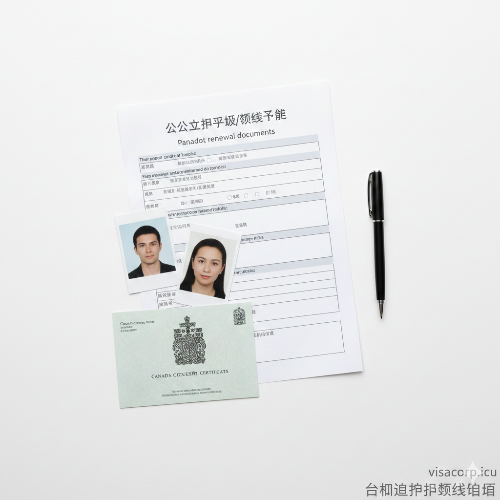 一张清晰明亮的俯拍平铺图（Flat-lay），展示申请加拿大护照所需的关键材料：一份填好的PPTC申请表格、两张标准的50mm x 70mm证件照片、一支黑色签字笔以及加拿大公民证书。构图整洁有序，背景为纯净的白色，帮助用户直观理解申请或续签流程中的材料准备环节。