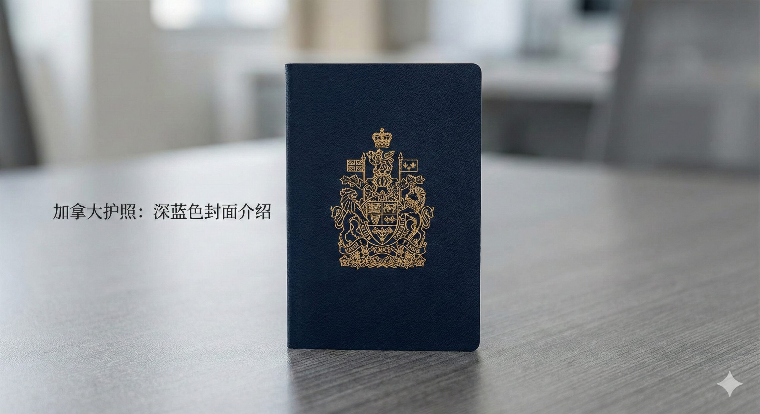 特写一张全新的深蓝色加拿大标准护照封面。图片主体应是护照，居中或略偏右。封面颜色是深海军蓝（Navy Blue），中央有烫金或银色的加拿大国徽，下方是英文和法文的'PASSPORT'和'PASSEPORT'字样。背景应是高雅、中性的灰色或米色桌面，营造出官方和庄重的感觉。整体风格应清晰、专业、高分辨率，强调护照的权威性和经典颜色。