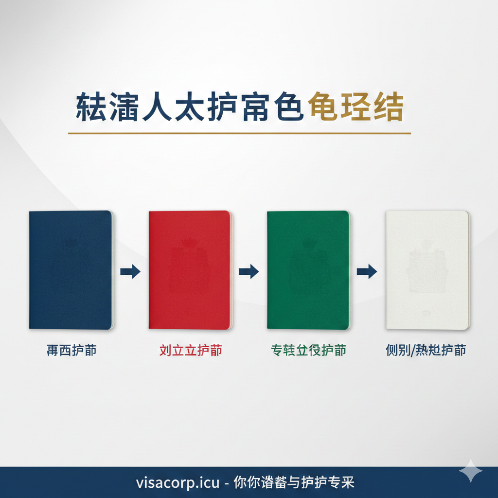 以一个专业的、图表化的方式展示加拿大护照的四种颜色及其代表的身份等级。画面应并列展示四本不同颜色的护照：深蓝色（普通）、红色（外交）、绿色（特殊公务）、白色（临时/难民），并用箭头或层级结构连接它们，表明其身份重要性或使用范围。背景简洁，色彩对比鲜明，突出四种颜色在文章第二部分中的区分和重要性。构图应清晰、易于比较。