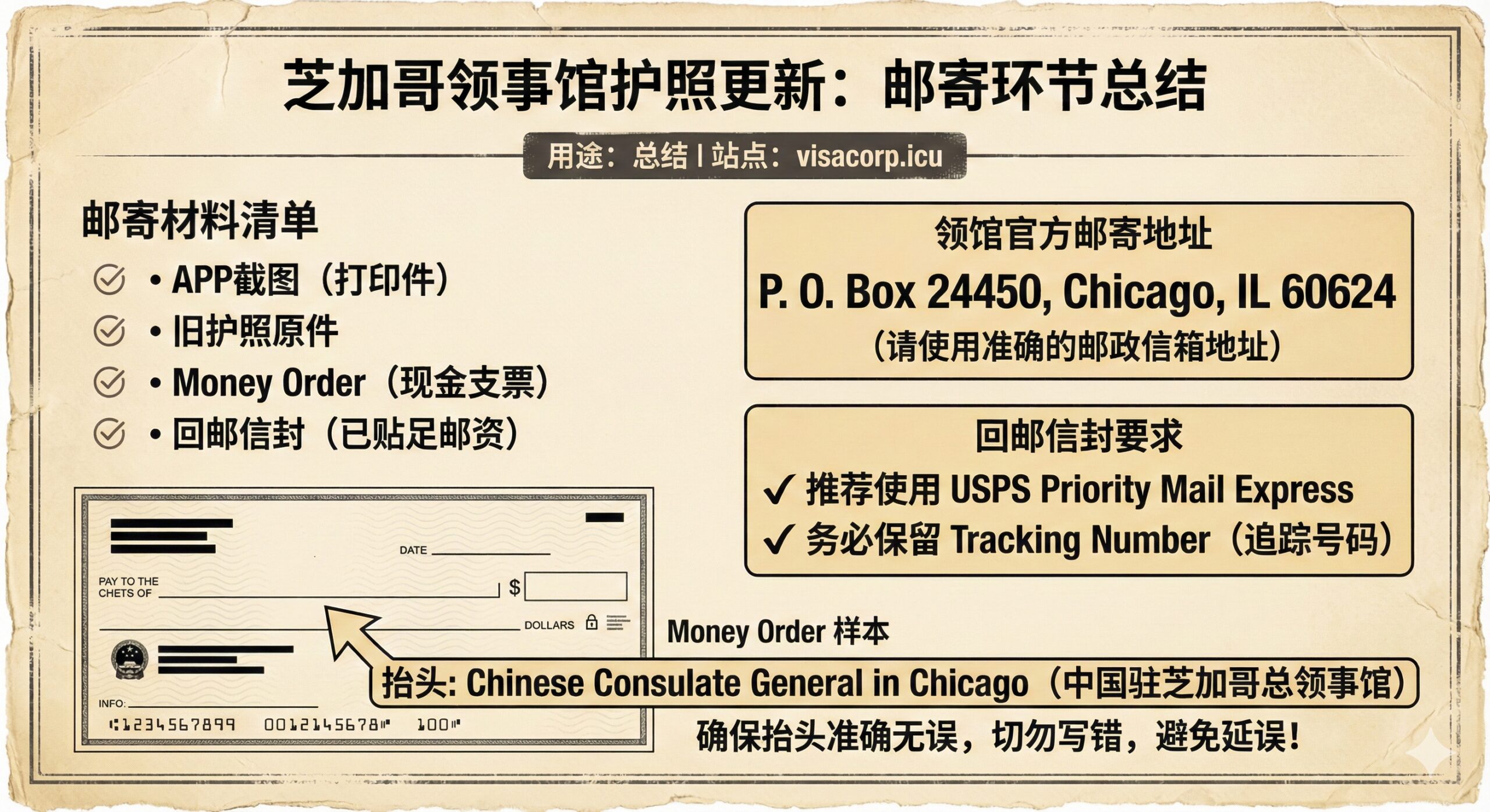 一张总结护照办理邮寄环节关键要素的信息图。图片设计成一个邮寄包裹的标签或清单样式，采用米黄色和黑色字体，模仿纸质文件的质感。左侧清晰列出“邮寄材料清单”的几个核心项（如APP截图、旧护照原件、Money Order、回邮信封），并用小圆点或打勾图标列出。右侧突出显示两个关键信息块：上方是“领馆官方邮寄地址”（P. O. Box 24450, Chicago, IL 60624），下方是“回邮信封要求”（突出显示 USPS Priority Mail Express 和 Tracking Number的重要性）。中心底部用一个现金支票的抽象图形，强调抬头“Chinese Consulate General in Chicago”的准确性，确保用户不错过任何一个邮寄细节。