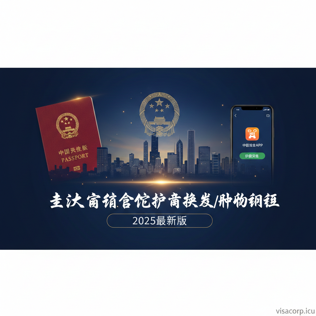 一张富有现代感和信任感的封面图片。主色调采用深蓝色和金色，营造出专业和官方的氛围。画面中央是一个半透明的中国国徽和芝加哥天际线的融合剪影（如威利斯塔和约翰汉考克中心），象征着中国领事服务与芝加哥的连接。左侧叠加一个放大的护照封面（中华人民共和国护照），右侧有一个简洁的智能手机界面截图，界面上显示着“中国领事APP”的图标和“申请成功”的提示，强调线上办理的便利性。标题文字“芝加哥领事馆护照换发/补办指南”以醒目的白色艺术字放置在中间偏上，下方配以小字“2025最新版”。整体构图简洁有力，传达出权威、时效和指导性。