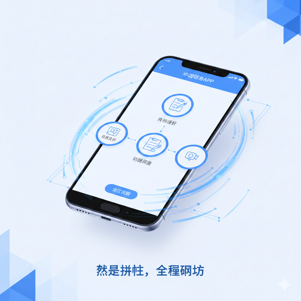 展示'中国领事APP'数字化预约功能的特写图。画面核心是一个悬浮的智能手机屏幕，屏幕上清晰显示着护照业务办理的流程图标，包括实名认证、在线填表和视频见面。手机周围环绕着科技感的连接线和数据流，象征着电子化政务的高效与便捷。设计风格采用扁平化与微立体结合的现代UI风格，主色调为纯净的白色与科技蓝，突出无需排队、全程网办的核心功能点。