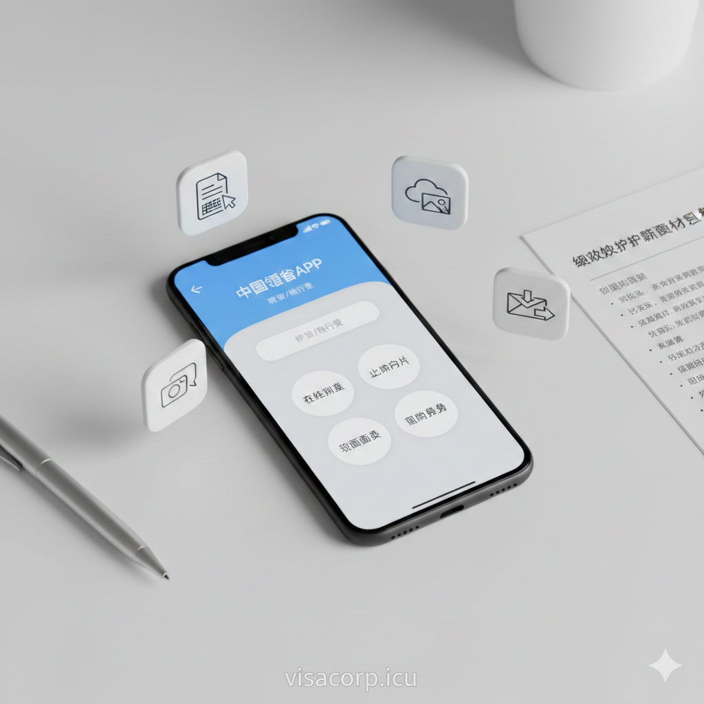 一张清晰的教程指引风格图片。画面中心是一部现代智能手机，屏幕上清晰显示“中国领事APP”的模拟界面。手机周围环绕着四个悬浮的3D极简图标，分别代表：在线填表、上传照片、视频面审、回邮服务。背景是干净整洁的白色办公桌面，放有一支钢笔和一份纸质材料清单。光线集中在手机屏幕上，强调数字化流程的操作步骤，风格现代、简洁，易于理解。