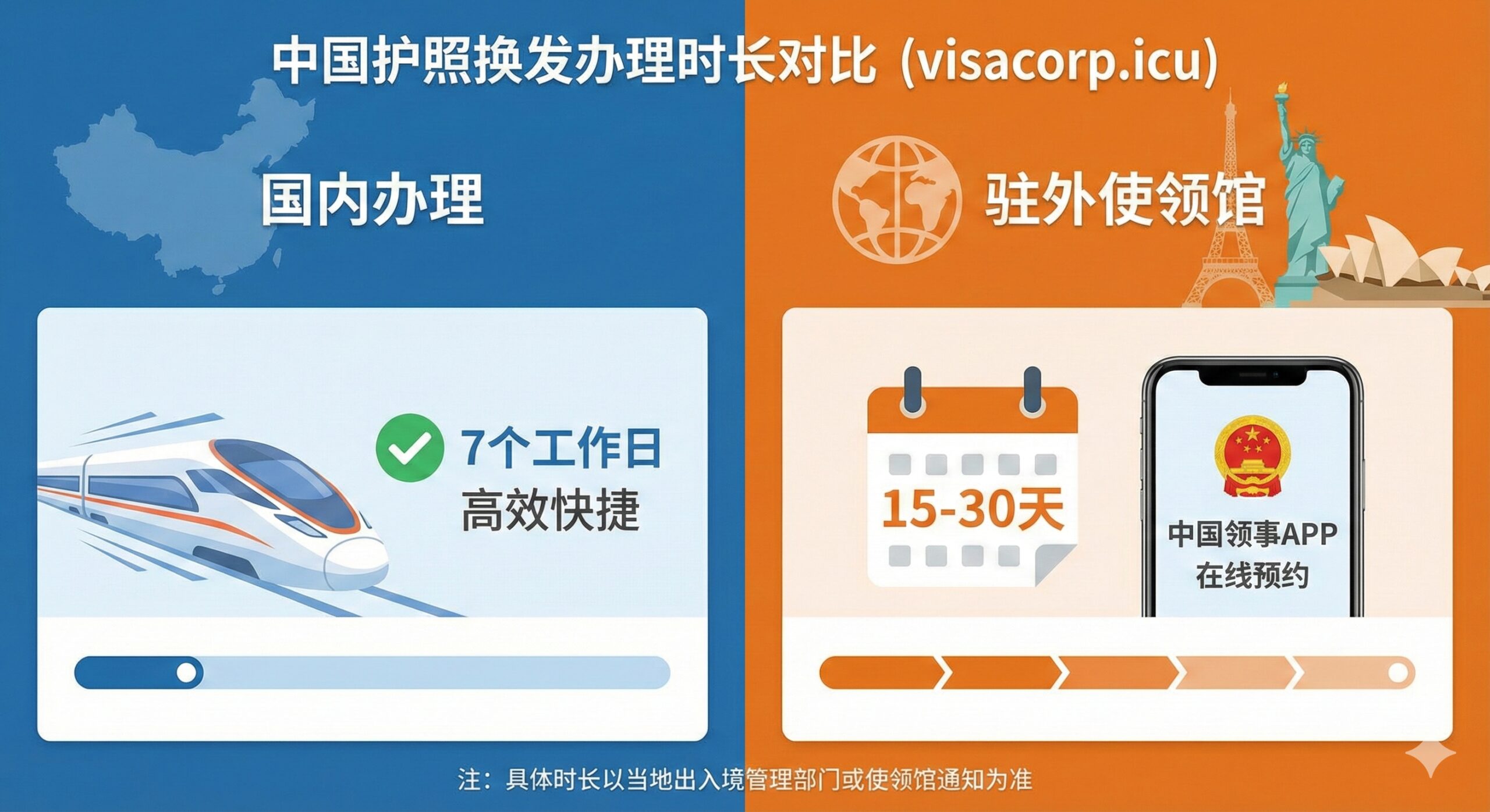 采用扁平化或等距视角的对比插图风格。画面左侧展示中国地图轮廓，标注“国内办理”及“7个工作日”的快节奏图标（如疾驰的高铁或绿色对勾）；画面右侧展示地球或海外地标，标注“驻外使领馆”及“15-30天”的日历图标，并绘有“中国领事APP”的手机界面示意图。色彩清晰对比，用蓝色代表国内高效，橙色代表海外流程，直观展示国内与驻外办理时限的差异。