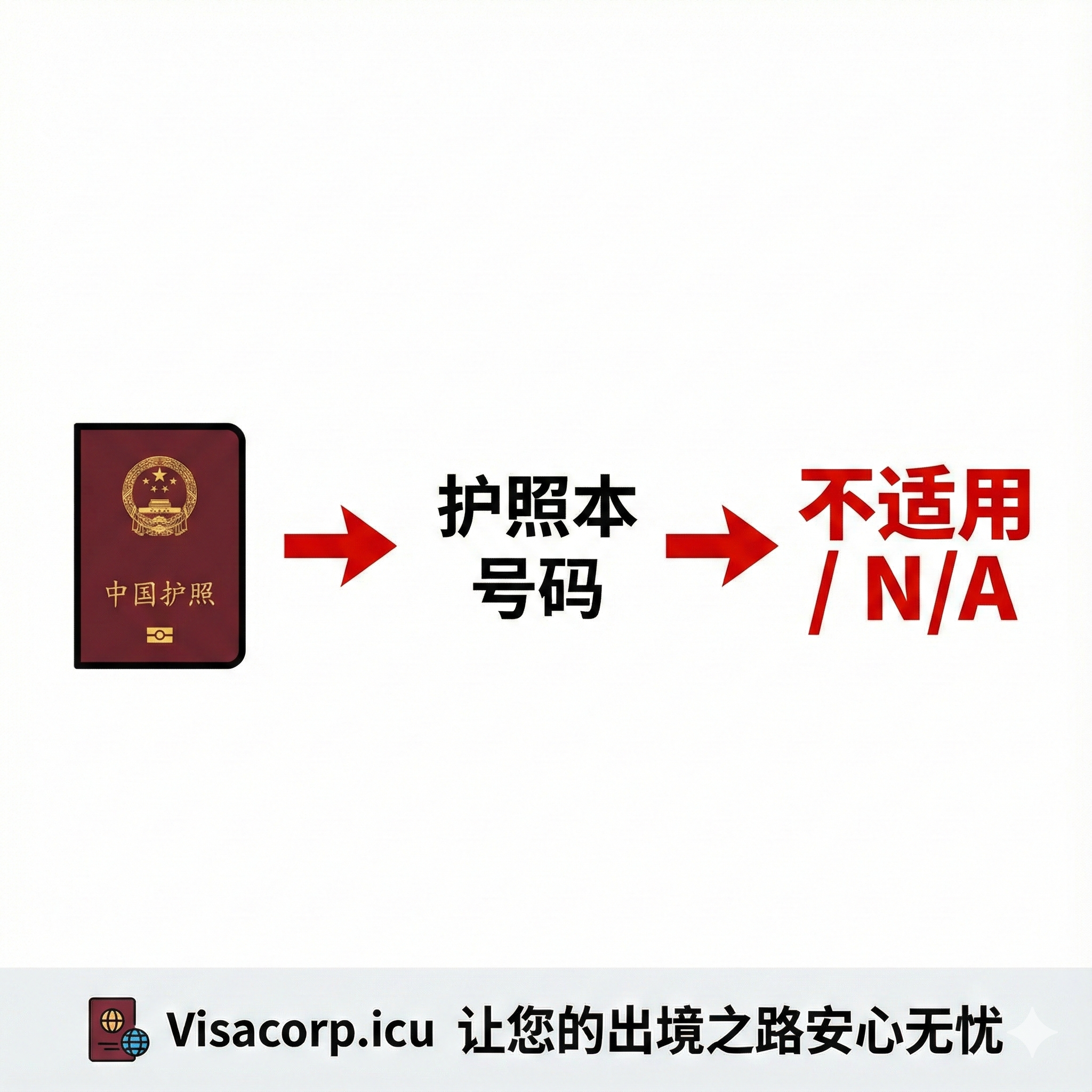 一张极简风格的总结回顾图，适合社交媒体分享。画面中心是一个清晰的逻辑等式：左边是中国护照的图标，中间是一个箭头连接文字'Passport Book Number'，右边是一个巨大的红色印章效果文字'Does Not Apply / N/A'。底部显著位置印有Visacorp.icu的Logo和'让您的出境之路安心无忧'的标语。背景色彩干净清爽，对比度高，确保用户一眼就能记住文章的核心结论。