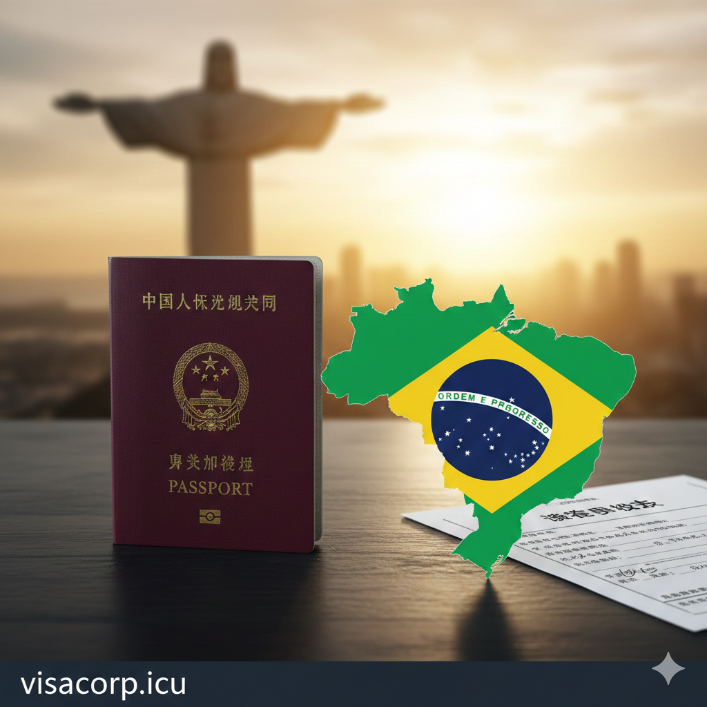 一张极具质感的封面图，画面中心是一本中华人民共和国普通护照，放置在一张深色木纹办公桌上。护照旁摆放着一张印有巴西国旗色彩（绿黄蓝）的地图轮廓，以及一份正在填写的签证申请表。背景虚化处理，隐约可见里约热内卢基督像的剪影，光线温暖明亮，寓意开启南美之旅。画面整体风格专业、权威，明确传达'中国护照去巴西需要签证'的核心主题。