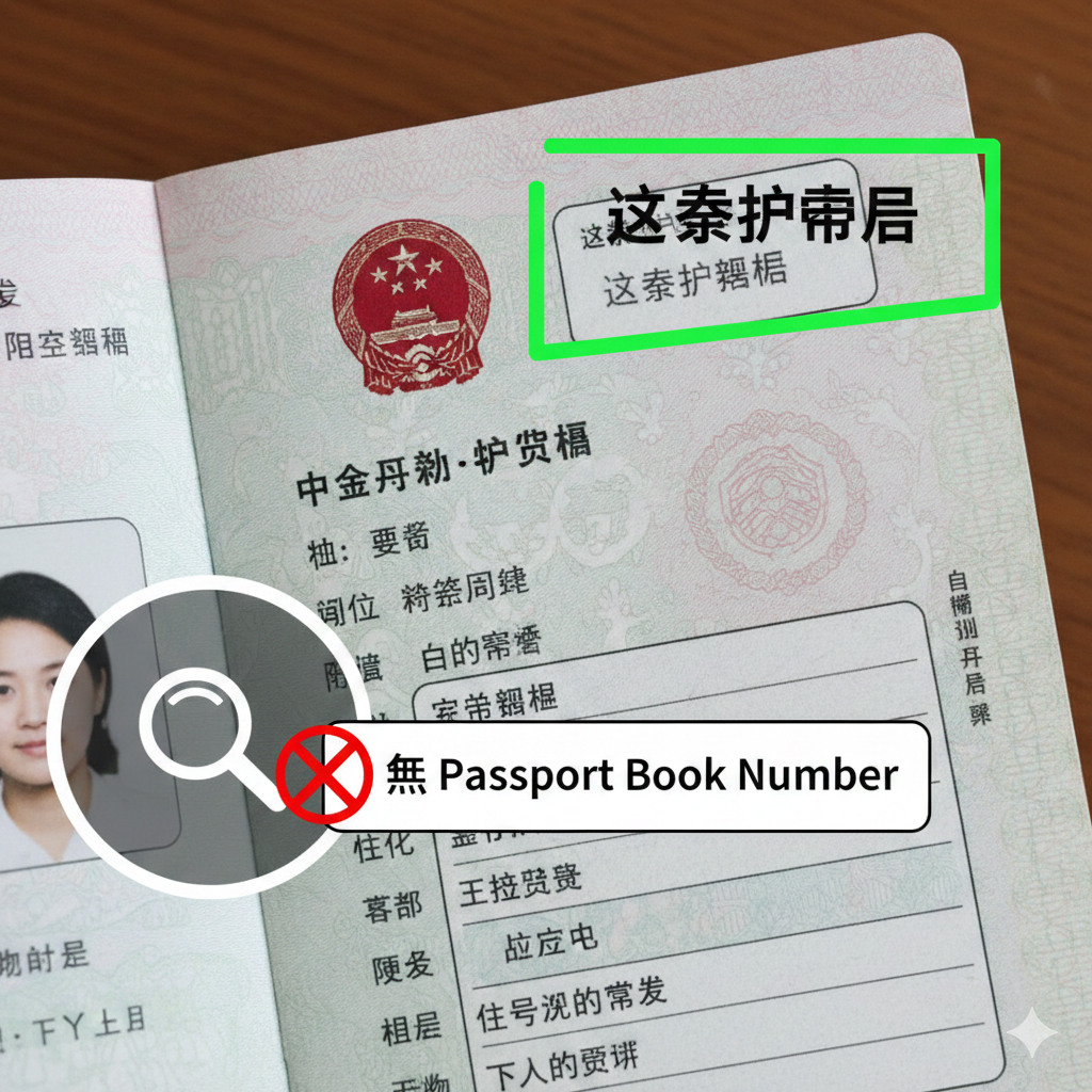一张极具教育意义的护照结构分析图。画面特写展示中国护照的个人信息页（内部数据页），清晰地用绿色方框圈出右上角的'护照号码（Passport No.）'，并标注'这是护照号'。同时，画面运用视觉对比，用放大镜图标扫描页面其他区域，并显示一个带有'X'号的提示框，配文'无 Passport Book Number'，直观地向用户展示中国护照不包含此项数据。设计风格为实拍图与扁平化UI元素的结合，清晰易懂。