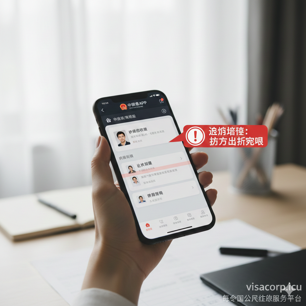 一张针对中国护照线上申请的教程图片。主要元素是一个特写镜头下,一只手持着一部智能手机,手机屏幕上显示的是“中国领事APP”的界面(模拟填写护照更新申请的步骤或人脸识别界面)。图片采用明亮的自然光,背景虚化,可以看到一个简洁的办公桌面。在APP界面旁边,有一个小小的警示标志或“避坑指南”文字标签,提示用户注意“照片上传要求”或“人脸识别”。图片风格简洁现代,旨在指导海外华人如何从纸质表格转向移动端线上申请的全新流程。