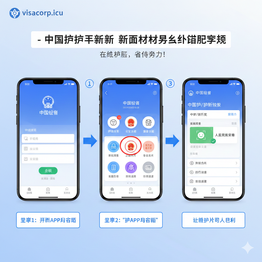 教程图，侧重于'中国领事APP'的操作流程。画面主体为三到四个手机屏幕截图或模拟界面，以时间线的形式从左到右或从上到下排列。第一个屏幕显示APP登录界面，第二个屏幕显示'护照换发'的选项，第三个屏幕显示'照片上传与检测'的人脸识别成功界面。整体色调明亮、整洁，使用箭头和步骤数字（1, 2, 3）指引用户，突出在线办理的便捷性。