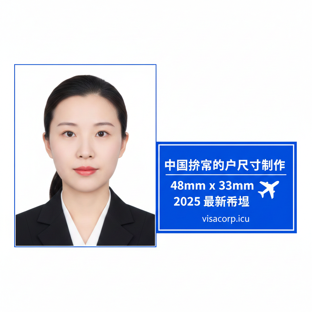 作为文章封面图,主视觉应清晰展示一个符合中国护照标准的证件照片实例(48mm x 33mm),照片中的人物面容清晰、背景纯白色。左侧或右侧叠加一个透明度适中的信息框,用亮眼的颜色(如Visacorp品牌色)突出显示核心关键词:“48mm x 33mm”和“2025最新标准”,并配以一个代表旅行的飞机图标。整体风格应专业、权威,配色采用蓝白或红白,给人信任感。