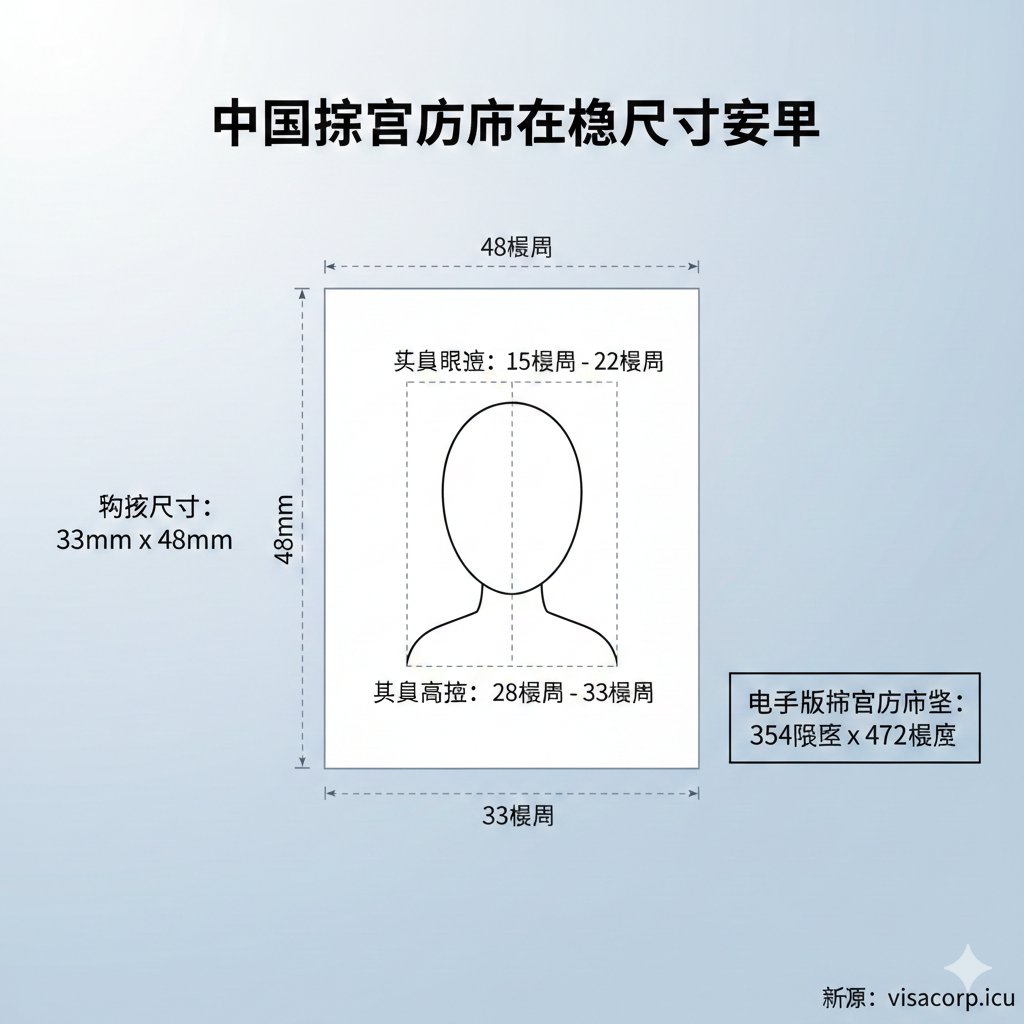 对应文章第2部分,展示核心规格。图片应是一个简洁的信息图表,模仿官方文件风格,突出显示中国护照照片的核心数据:物理尺寸(33mm x 48mm)、头部宽度(15mm-22mm)和头部高度(28mm-33mm)。使用几何线条和百分比符号辅助说明头部在照片中的精确比例要求。背景应干净,使用蓝或灰色调,确保数据的可读性和专业性,强调“电子版护照照片像素”的要求。
