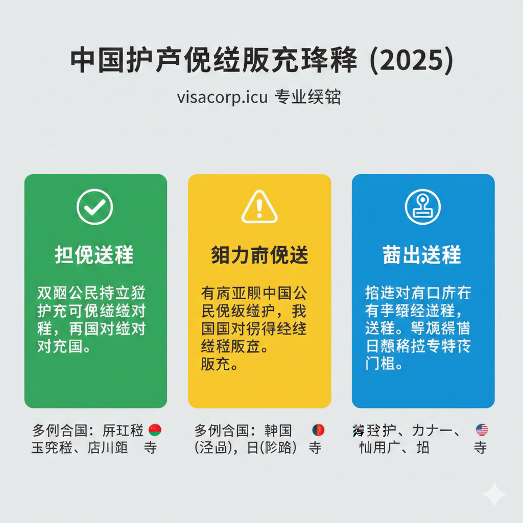 功能图片，展示文章中对“互免签证”、“单方面免签”和“落地签证”的三种类型区分。采用信息图表（Infographic）风格，将画面分为三列，每列使用不同的主色调区分：如互免签证（绿色勾号）、单方面免签（黄色叹号）、落地签证（蓝色小飞机/印章）。每列上方用简洁图标和中文标题突出类型，下方配上简短的文字说明和示例国家名称，以清晰、结构化的方式呈现信息，强调专业解析。