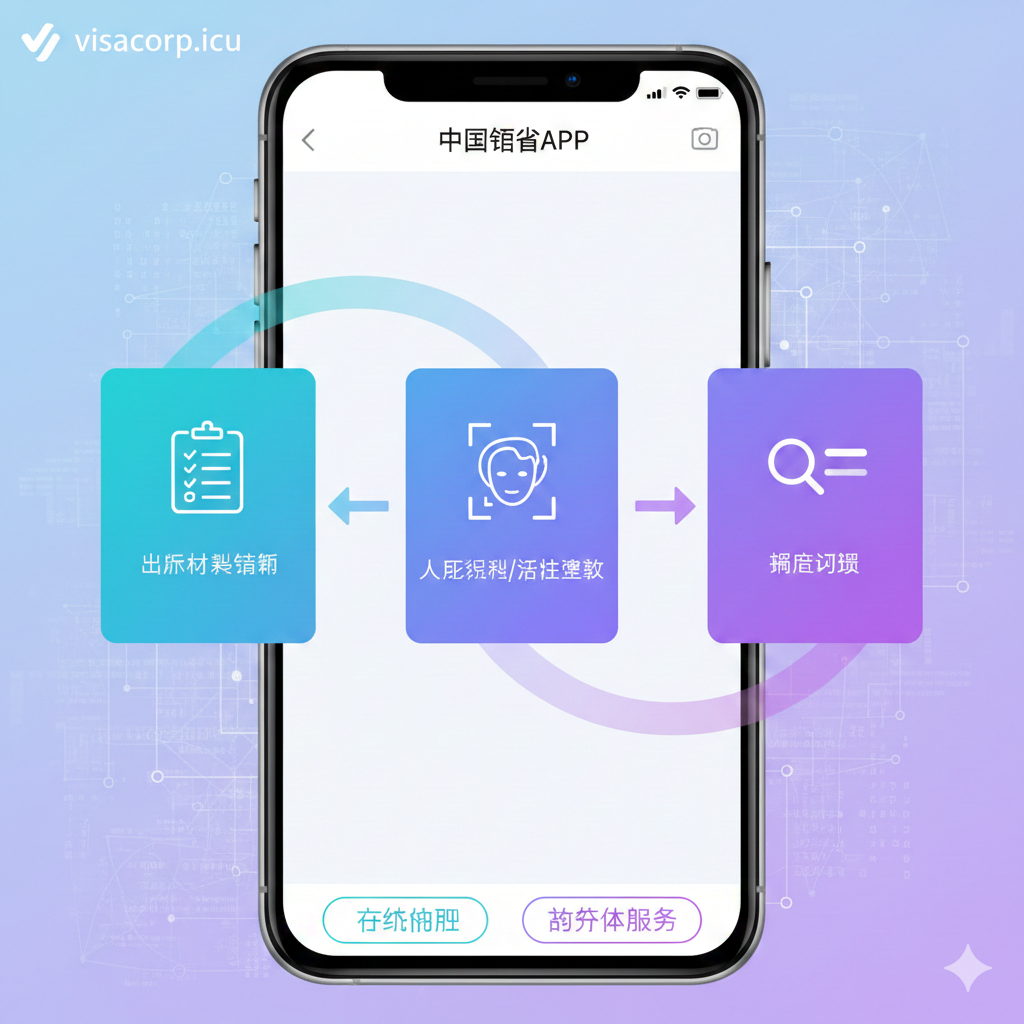 表现“中国领事”APP核心功能。图片主体是手机屏幕上并排展示的三个APP关键步骤界面:1. 上传材料列表(Checklist图标),2. 人脸识别/活体检测(人脸识别动画图标),3. 进度查询(放大镜和进度条图标)。用流动的线条将这三个功能块连接起来,象征流程的自动化和数字化。色彩采用明亮的渐变色,如蓝绿色到紫色,风格简洁、信息可视化强,突出“在线办理”和“数字化”的功能特性。