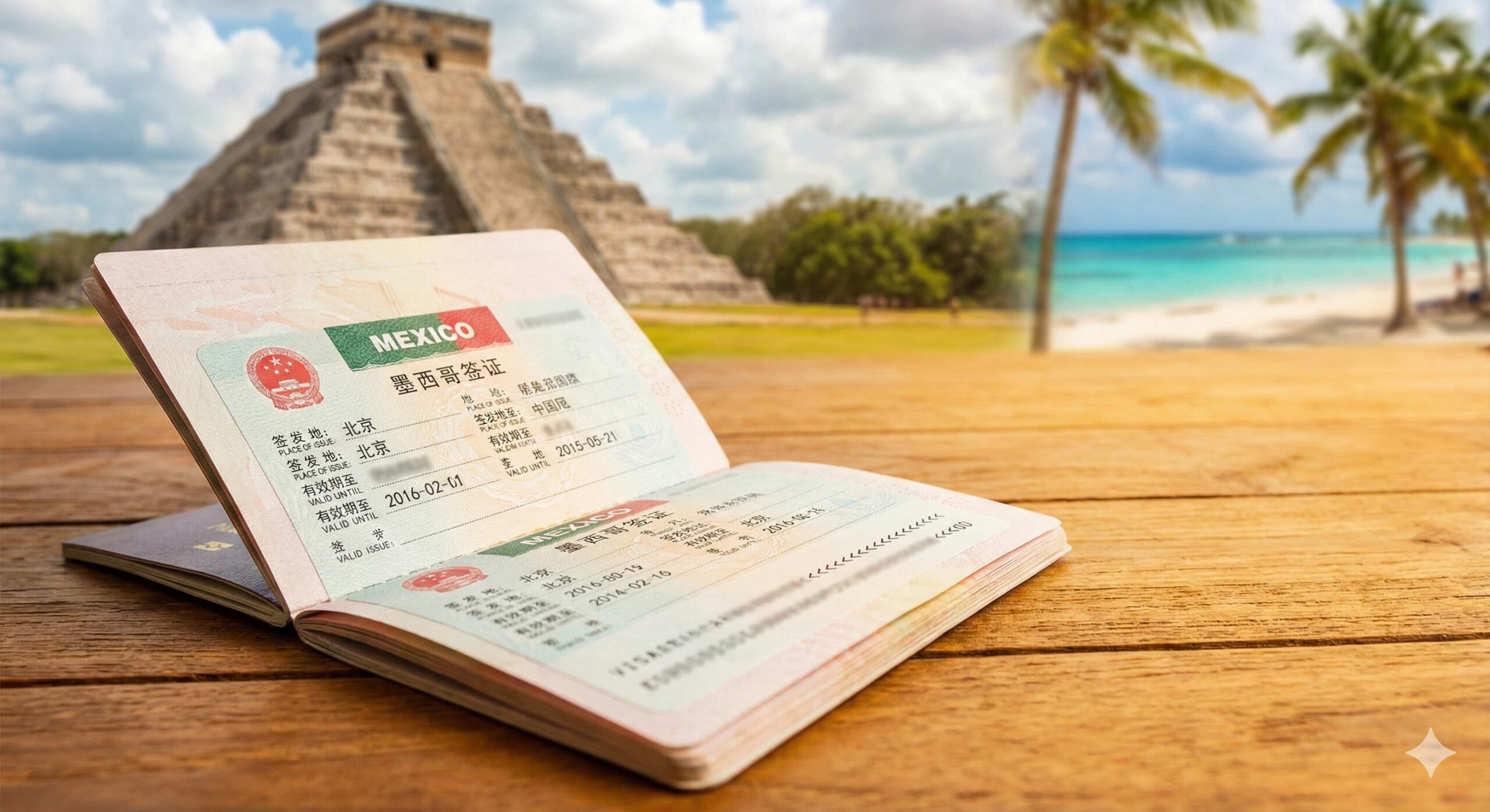 一本摊开的中华人民共和国护照，护照页上叠加了一枚清晰的墨西哥签证贴纸。背景虚化处理，露出墨西哥标志性元素，如玛雅金字塔（奇琴伊察）和一片蔚蓝的加勒比海滩（坎昆）。整体色彩饱和度高，温暖且充满旅行感。构图采用三分法，护照位于前景，突出“中国护照墨西哥签证”的主题，营造一种旅途即将开始的期待感。