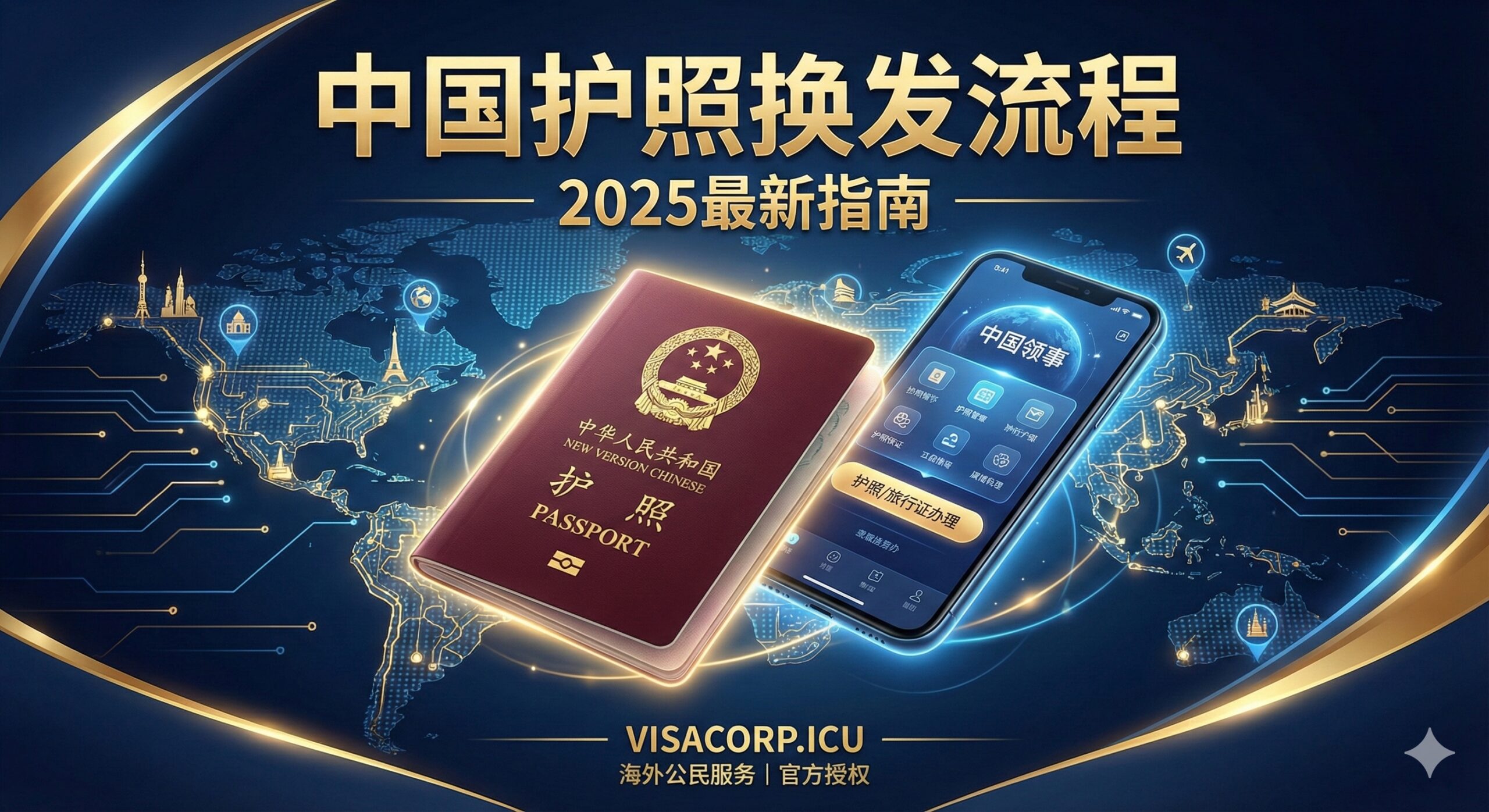设计一张富有科技感和信赖感的封面图。主视觉是一个半开的中国护照(新版,深红色),旁边悬浮着一个正在运行“中国领事”APP界面的手机屏幕。背景是全球地图的抽象线条,突出“海外”和“全球服务”的主题。色彩以中国红、金色与科技蓝为主,体现高效和权威。构图为对角线或中心聚焦,护照和手机清晰且光线充足,营造专业、现代的氛围,图片需包含“2025最新”字样。