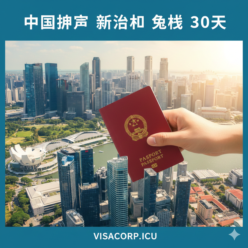 图片应作为文章封面，主题为'中国护照 新加坡 免签 30天'。主体构图为一张中国护照（红色封面，突出国徽）被一只手平稳地放置在新加坡天际线的微缩模型上。背景是明亮、现代化的新加坡城市景观，包括金沙酒店（Marina Bay Sands）和摩天轮的局部剪影。色彩以鲜明的红（护照）、现代感的蓝绿（城市）和阳光的金黄为主。视觉上要给人一种便捷、高效、旅途顺利的感觉。