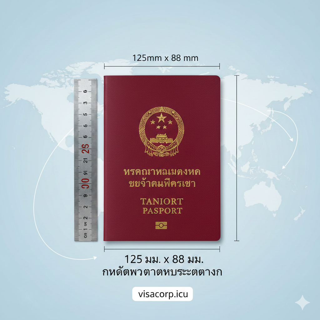 一张构图简洁、专业的封面图。主体是一个醒目的中国电子护照本，精确地展示其125mm x 88mm的尺寸比例。护照旁边放置一个精确测量的尺子或卷尺，强调“尺寸”和“标准”。背景采用浅蓝色或米白色，带有抽象的全球地图轮廓或飞行航线元素，体现国际旅行的主题。整体风格现代、权威、高清晰度，色彩以护照的红色和金色为主，突出关键词“护照本尺寸”。