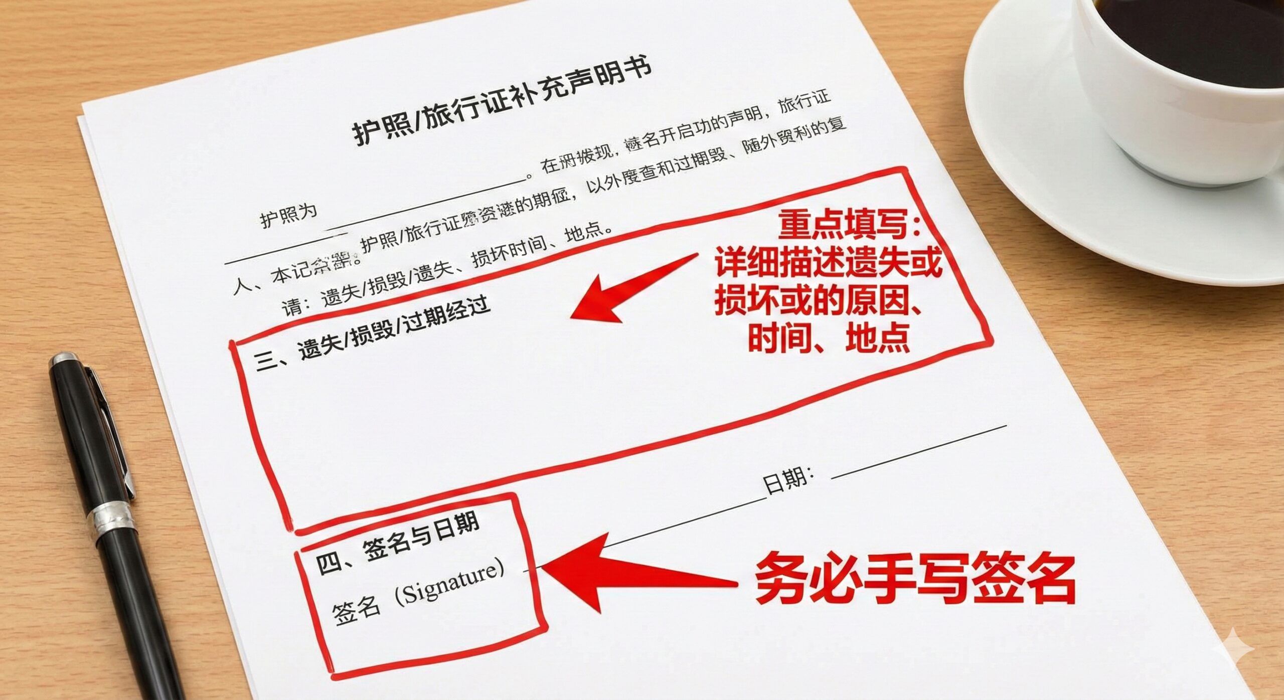 一张详细的教程图，指导用户如何填写《护照/旅行证补充声明书》的关键部分。画面中心是一份放大的表格局部特写，重点突出第三部分“遗失/损毁/过期经过”和第四部分“签名与日期”区域。使用红色手写箭头和高亮框来指示填写重点，例如在签名处强调“手写签名”的字样。整体色彩明亮，营造出易懂、实用的教学氛围。背景可有办公桌、钢笔等元素衬托。