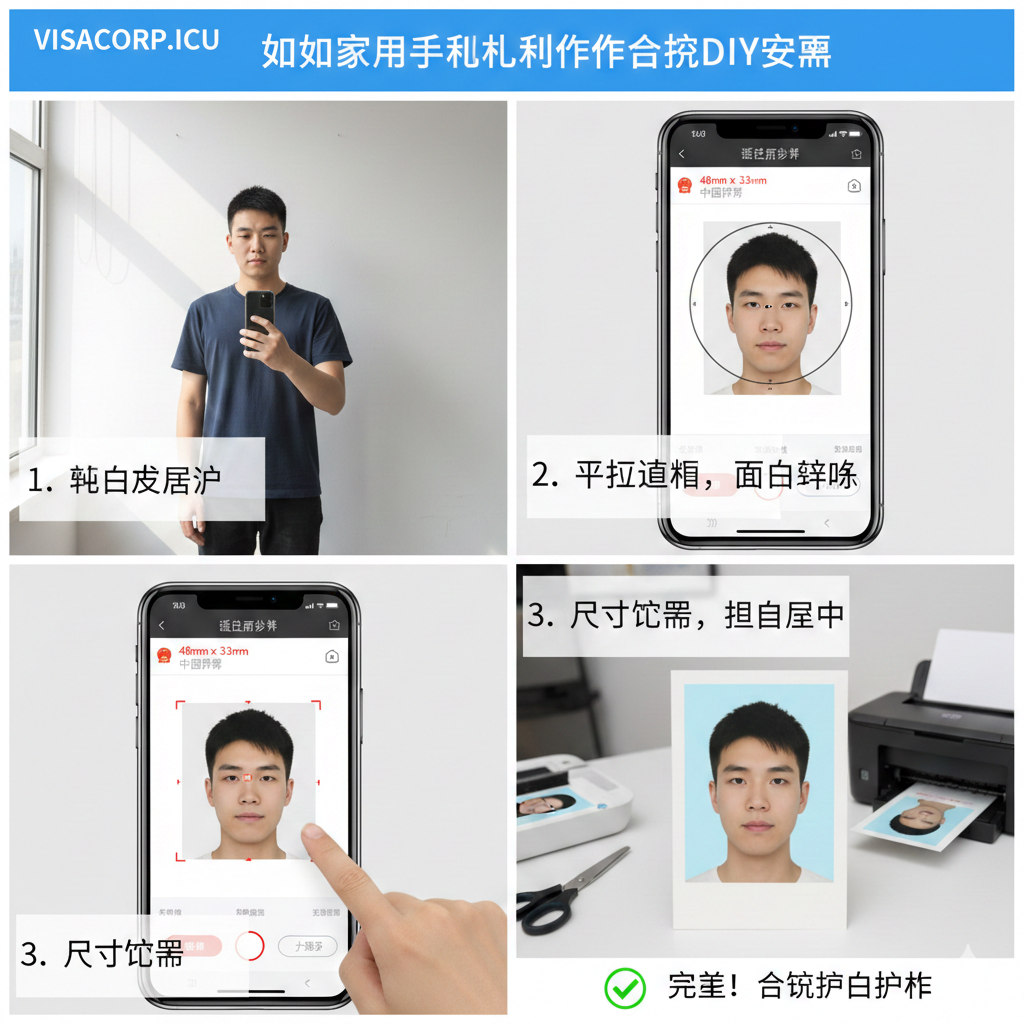 对应文章第3部分的实操教程。图片采用三格或四格分镜形式,以图示方式指导用户“如何在家用手机制作合规护照照片”。第一格展示人物站在纯白色墙前,利用自然光拍摄的场景;第二格展示手机屏幕上的拍摄界面,强调平视和面部清晰;第三格展示一个App界面,有一个裁剪框突出显示48mm x 33mm的比例和头部居中调整。整体风格明快,突出DIY的便捷性。
