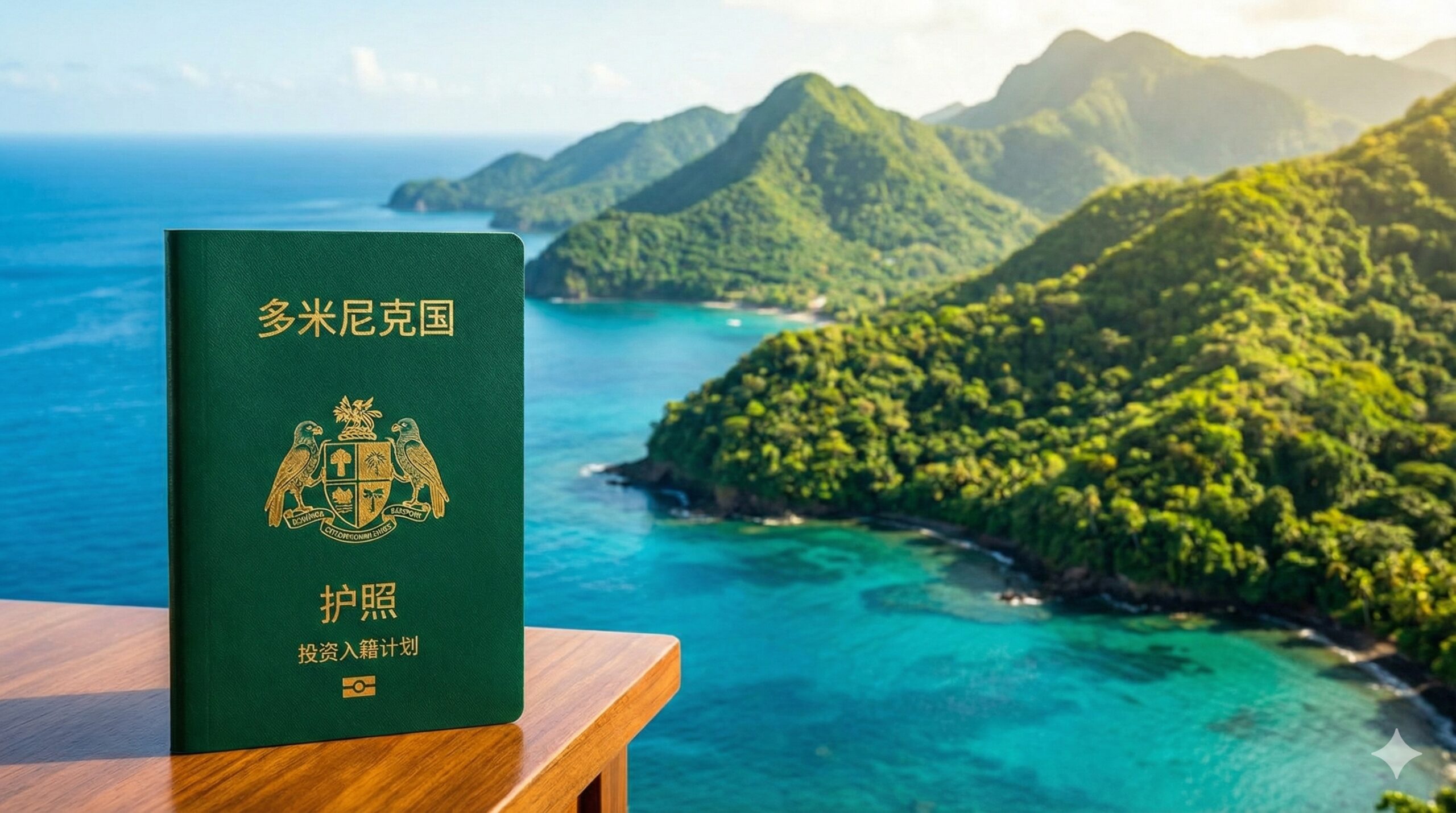 设计一张富有吸引力的封面图。画面主体应突出多米尼克护照和加勒比海的独特风光。左侧为一本设计现代、带有多米尼克国徽的深绿色护照，护照下方隐约可见“CITIZENSHIP BY INVESTMENT”字样。背景是多米尼克岛屿郁郁葱葱的山脉、热带雨林和清澈见底的蓝色海洋。色彩鲜明，以蓝绿色调为主，象征自由与财富。构图采用三分法，将护照置于焦点，营造出高端、专业的视觉效果，明确传达“多米尼克护照投资入籍”的主题。