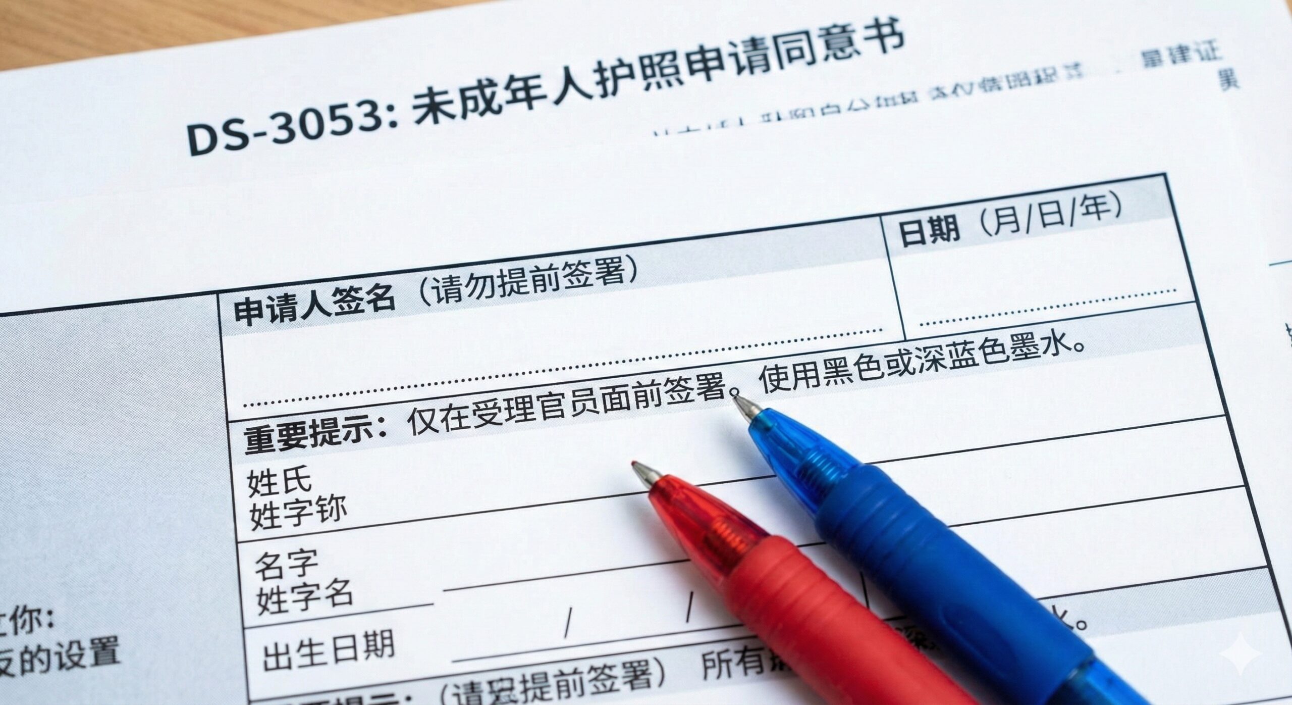这张图片需要聚焦DS-11表格填写和父母签字的复杂性。主体元素是DS-11表格的局部特写，特别突出“Signature of Applicant”和需要填写的关键信息栏位，但签名处留白或用虚线表示“请勿提前签署”。背景可以模糊化地衬托出DS-3053表格（同意书）的边缘。色彩使用对比鲜明的红/蓝墨水笔，强调填写时的注意事项。图片应传达出“精准填写”和“避免错误”的功能特性，营造出专业指导的视觉感受。