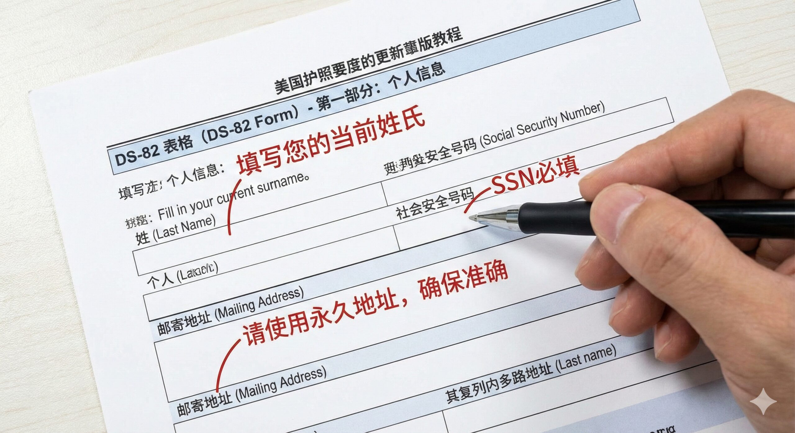 教程图专注于DS-82表格的中文对照和填写。画面主体是DS-82表格的一个特写局部（例如Part 1, 3, 8等重要部分），旁边用中文手写或标注出关键字段的翻译和填写注意事项（如“姓/Last Name”，“SSN必填”，“邮寄地址”）。采用对比色突出英文原文和中文批注，例如红色或亮黄色的批注。构图采用俯视角度，营造出“手把手教学”的氛围，体现“如何更新美国护照”中关于填表的难度克服。