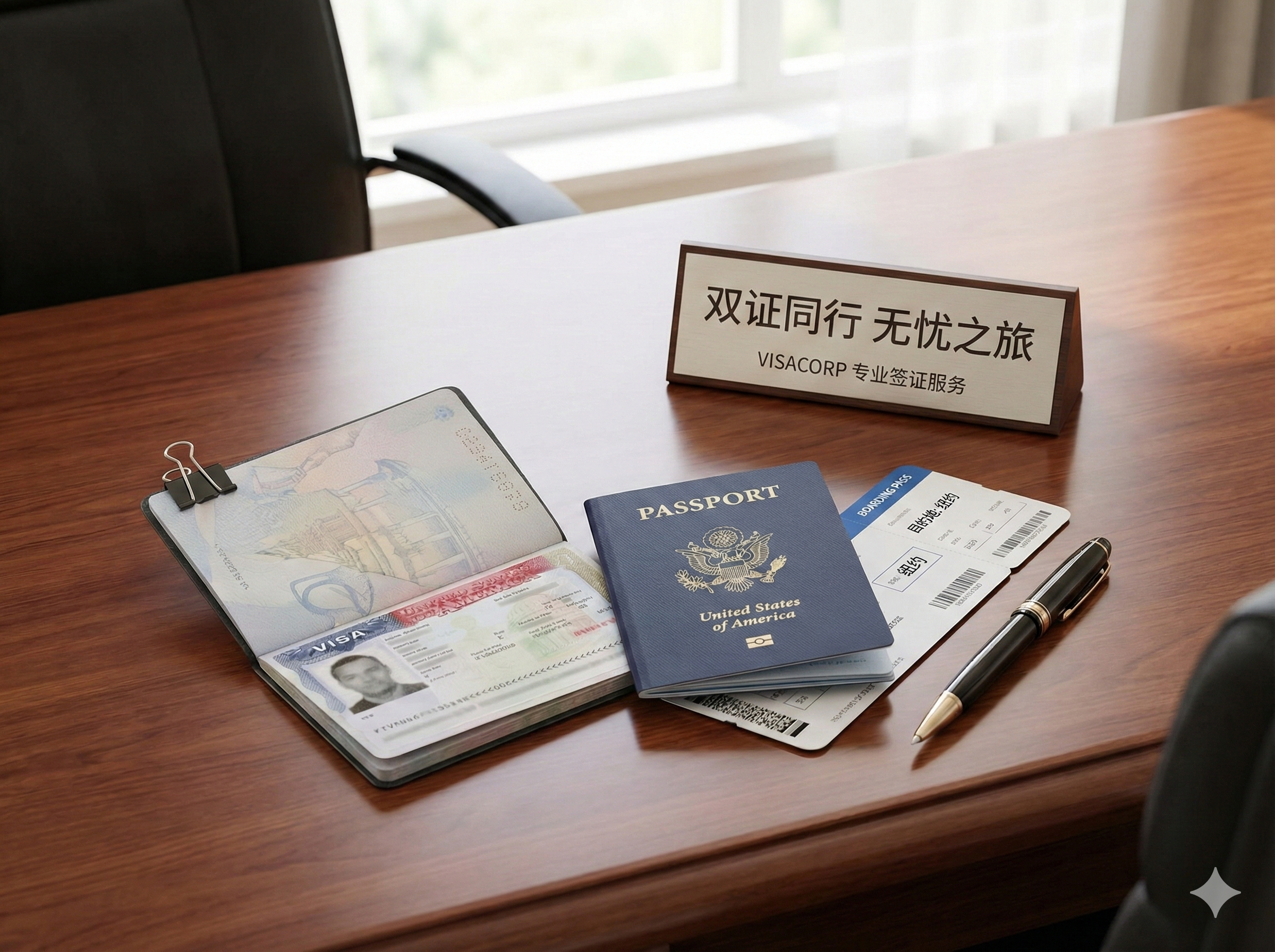 展示“新旧护照同时使用”的专业场景摄影图。在质感良好的木质办公桌上，并排摆放着一本剪了角的旧护照（清晰可见有效的十年美签或申根签页面）和一本全新的护照。旁边放置着一张登机牌和一支钢笔，光线柔和自然，营造出商务和高端旅行的氛围，暗示visacorp能够解决复杂的签证转移和双证同行问题。
