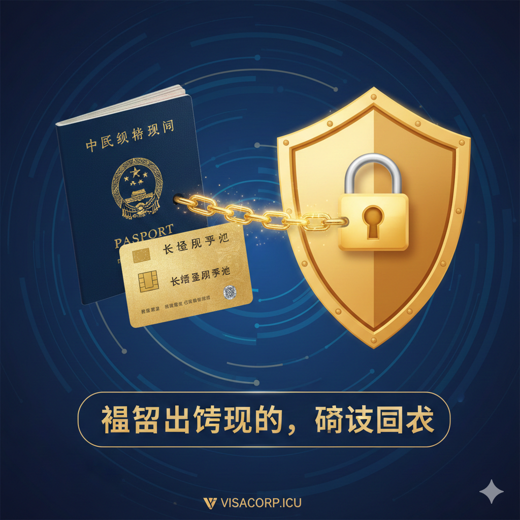 优势图应突出“绿卡/居留卡作为跳板”的策略。主体是一张中国护照，下方放置一张明显的、具有长期居留特征的卡片（如带有“RESIDENCE PERMIT”字样的欧洲风格居留卡）。卡片和护照通过一条稳固的、锚定的光线或链条连接，象征居留卡为出境提供的稳定和合理的理由。背景可以是一个稳固的、象征安全的盾牌或锁，传达“理由稳固、风险降低”的优势。使用深蓝色和金色的配色，增强专业和权威感。