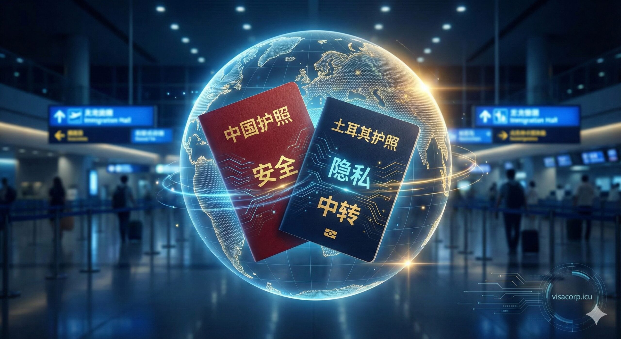 设计一张富有科技感和全球化色彩的封面图。主体是一个半透明的地球仪，上面叠加了两本颜色不同但形状相似的护照，一本是中国红色护照，另一本是土耳其或加勒比护照（例如蓝色或绿色）。护照上印有“安全”、“中转”、“隐私”等关键词的微弱光效。背景是模糊的机场大厅或边检通道，强调“出入境”的主题。整体风格是专业、现代、深色调，使用蓝色、金色和白色作为点缀光影，传达出复杂操作下的高价值和安全性。