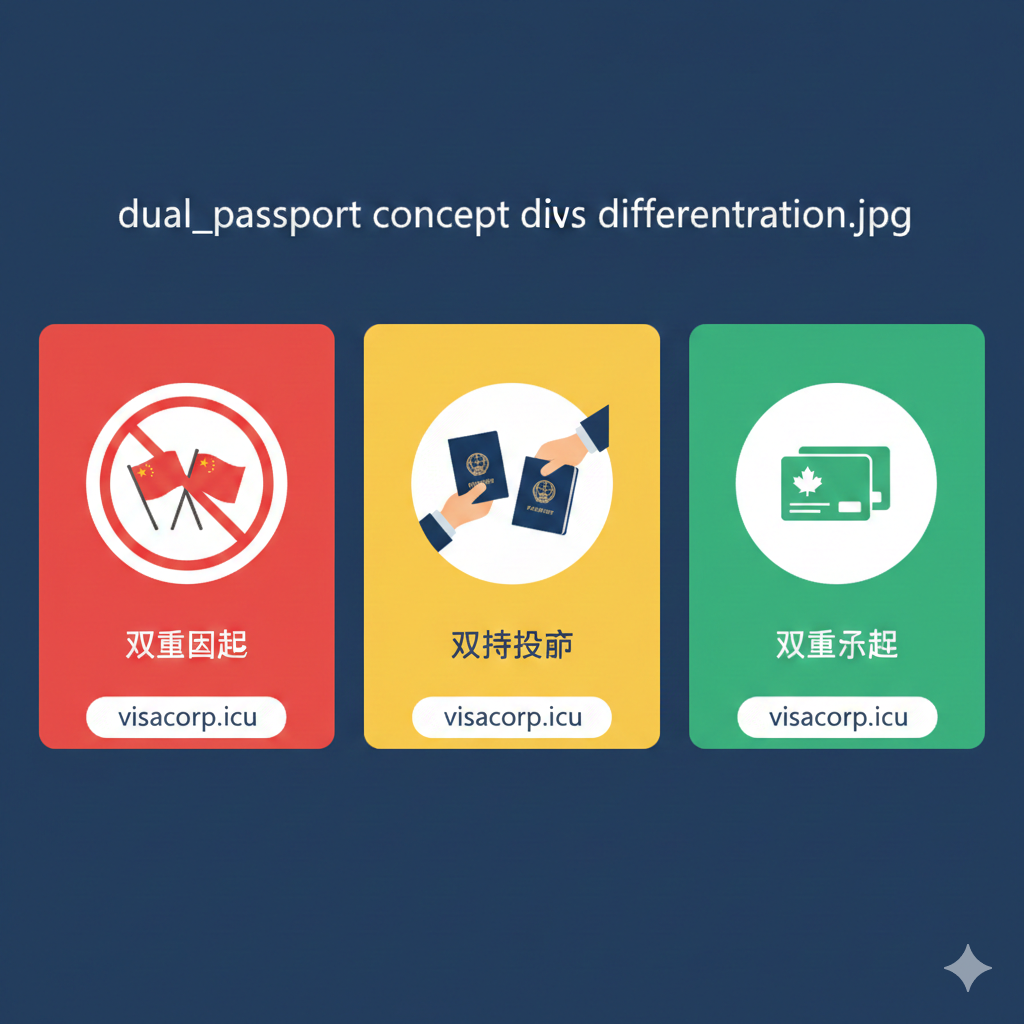 针对文章中'双重国籍 vs 双持护照 vs 双重永居'的概念区分，设计一张功能性图表。图表采用三列并排的简约卡片设计。每列卡片顶部有一个清晰的图标：左边是'禁止'符号覆盖的两面国旗（双重国籍）；中间是一双手拿着两本护照（双持护照）；右边是两张并排的绿卡或枫叶卡（双重永居）。使用对比色（如红、黄、绿）来区分法律风险程度，风格要清晰、专业、信息密度高，突出visacorp.icu的专业性。