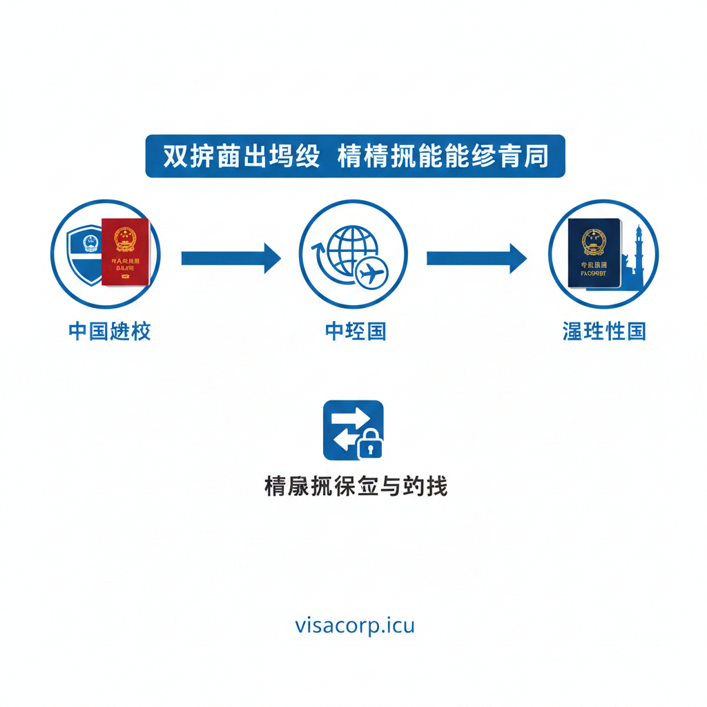 功能图应聚焦于“信息流隔离”的概念。展示一个简化的流程图，使用箭头连接三个图标：一个代表中国边检（带有国徽轮廓）、一个代表中转国（带有飞机和中转标志）、一个代表目的地国（带有异域风情建筑）。在“中国边检”和“中转国”之间，显示一本中国护照；在“中转国”和“目的地国”之间，显示第二本护照。强调信息流在“中转国”处被安全切换或隔离。配色使用清晰的蓝白对比，线条流畅，视觉上给人以技术性和专业性。