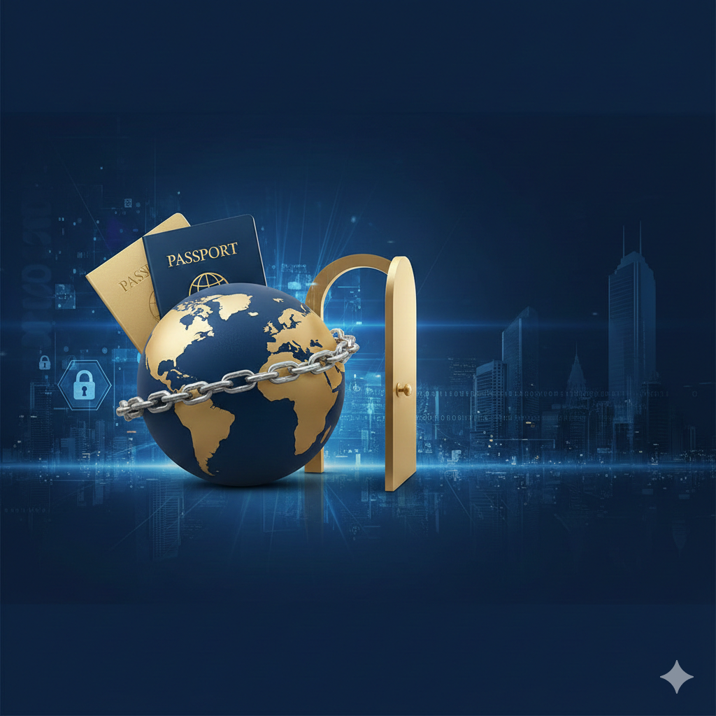 设计一张体现'双持护照'法律与策略主题的封面图。画面主体是一个被锁链与一扇打开的门连接的地球仪，象征法律约束与身份自由的悖论。色彩采用深蓝色和金色，营造出专业、高端和安全的氛围。背景是抽象的全球化城市天际线和数字安全锁的元素。在地球仪的周围环绕着两本不同颜色的护照剪影，强调“双持”概念。整体构图稳重，右上角或左上角留出空间给标题。