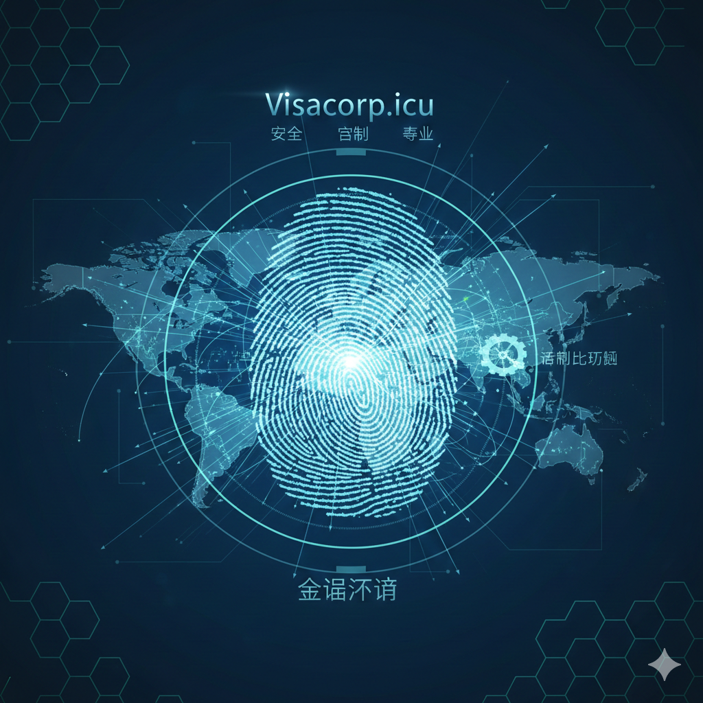 总结图应体现Visacorp.icu提供的“全流程解决方案”和“全球通行”理念。画面中心是一个放大的指纹，但指纹的纹路被设计成一条条全球航线，汇聚到一个中心点，象征数据隔离和定制化规划。在指纹上方，有“Visacorp.icu”的微弱品牌标志，并配以“安全”、“定制”、“专业”等关键词。整体视觉效果应是高科技、隐私保护和全球化，使用深色调背景、浅蓝色/绿色/白色光线，营造信任和先进感。