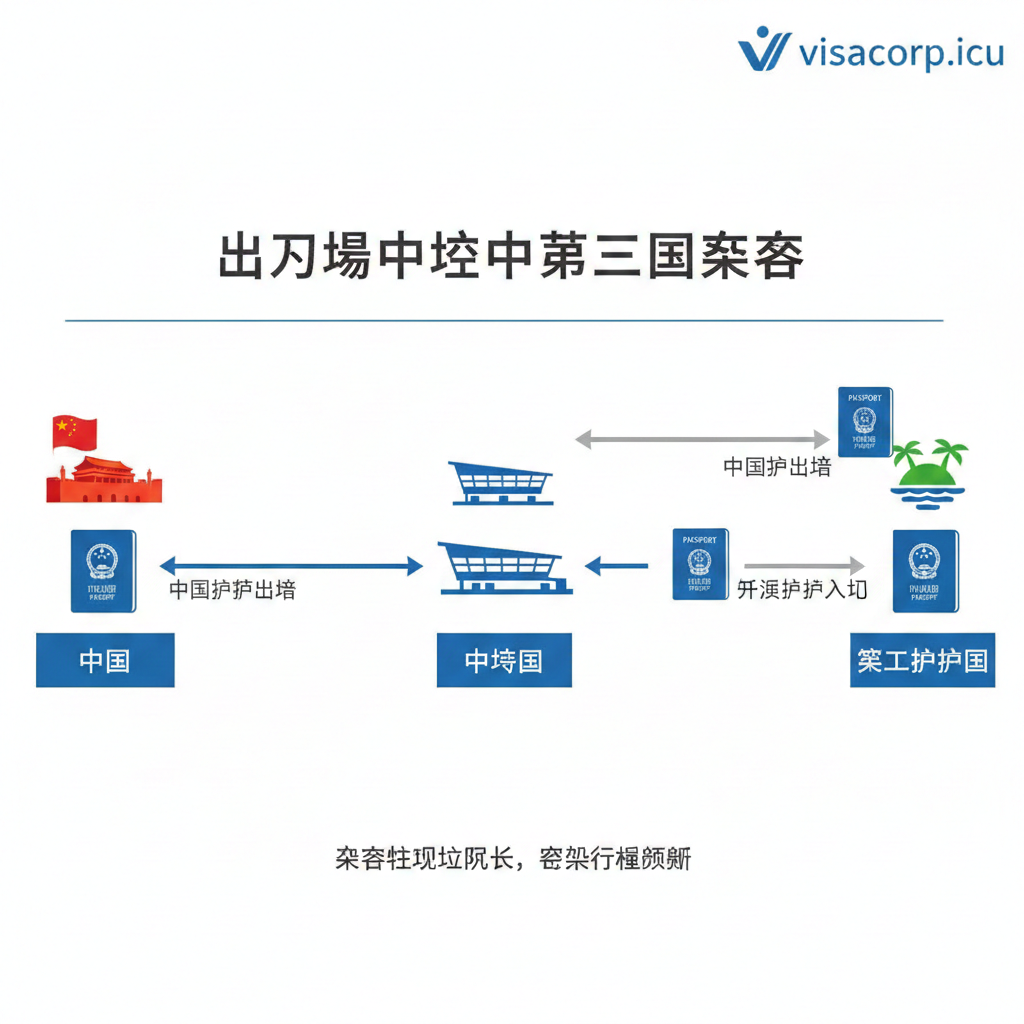设计一张关于'中转第三国'规避风险策略的教程图。画面以简化的流程图形式呈现，主题是'出入境中转流程'。图中有三个地标性图标：中国（天安门/长城）、第三国（如中立的机场剪影）、第二护照国（如加勒比海岛剪影）。三者之间用箭头连接，箭头上的护照剪影清晰标示着使用哪本护照：中国出→中转（中国护照），中转出→第二国入（外国护照），反向亦然。构图清晰直观，使用蓝色和灰色线条，强调路径的策略性和安全性。